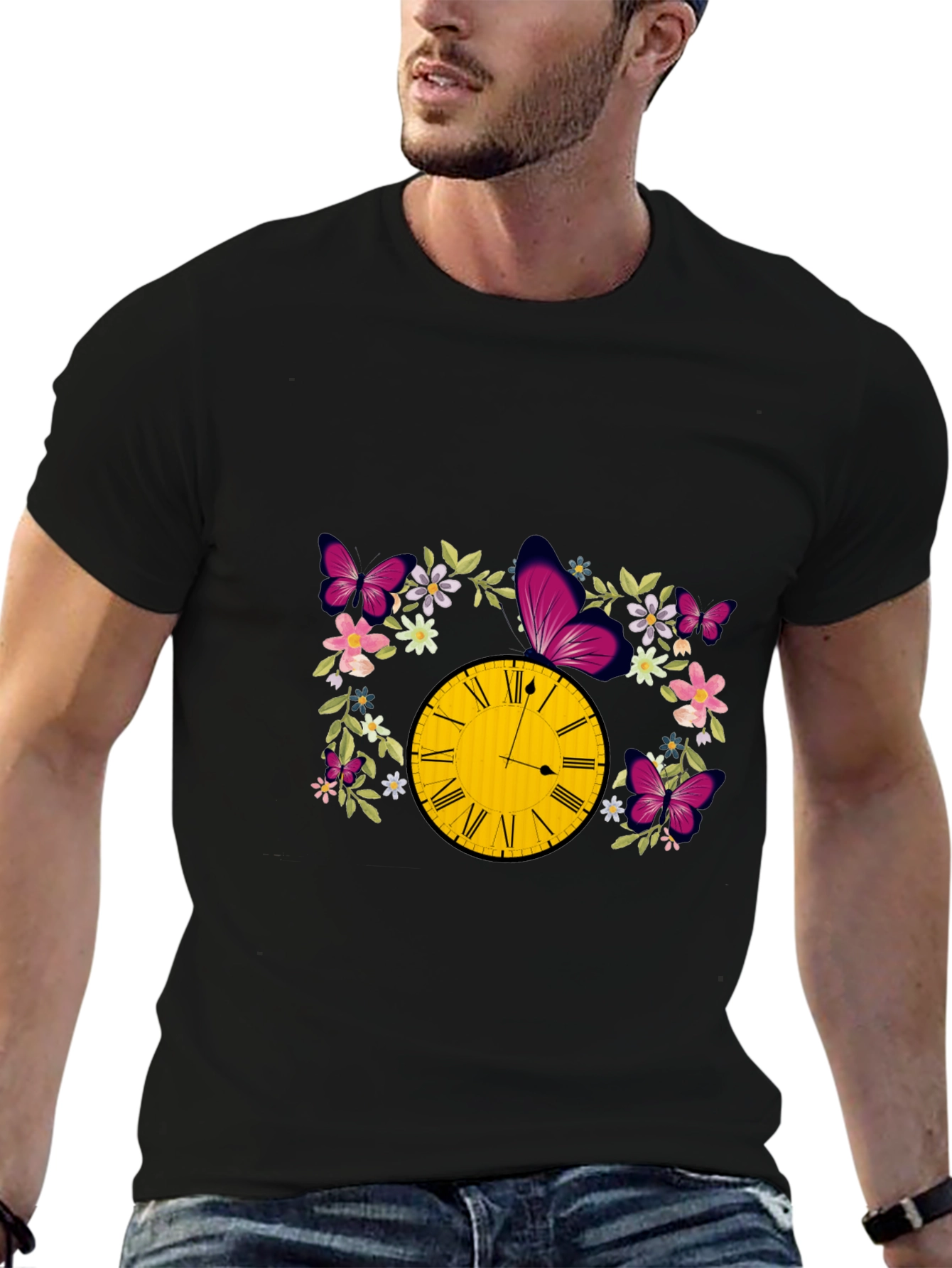 Floral Clock Butterfly Graphic Tee - Trendy Stylish Shirt