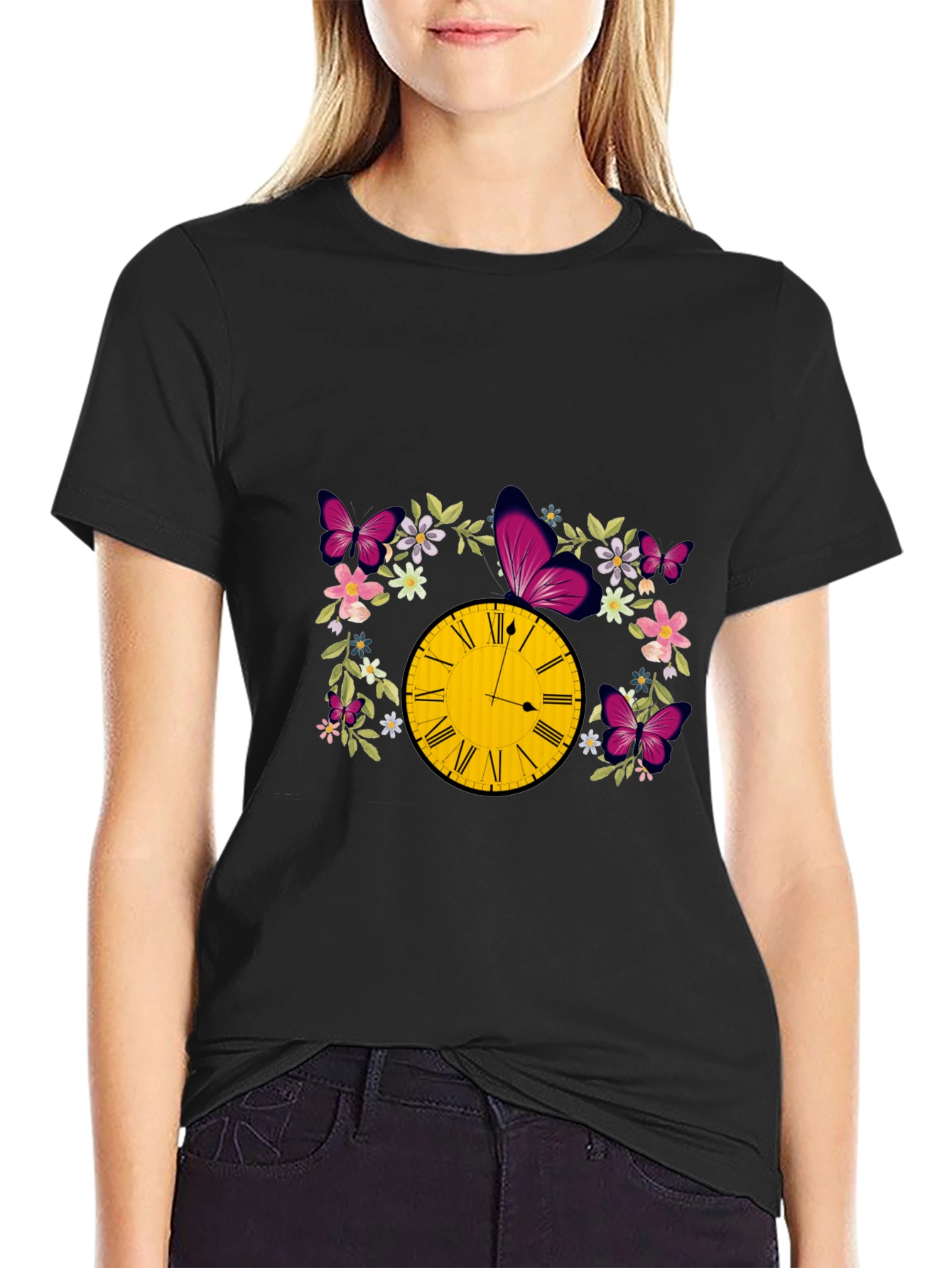 Floral Clock Butterfly Graphic Tee - Trendy Stylish Shirt