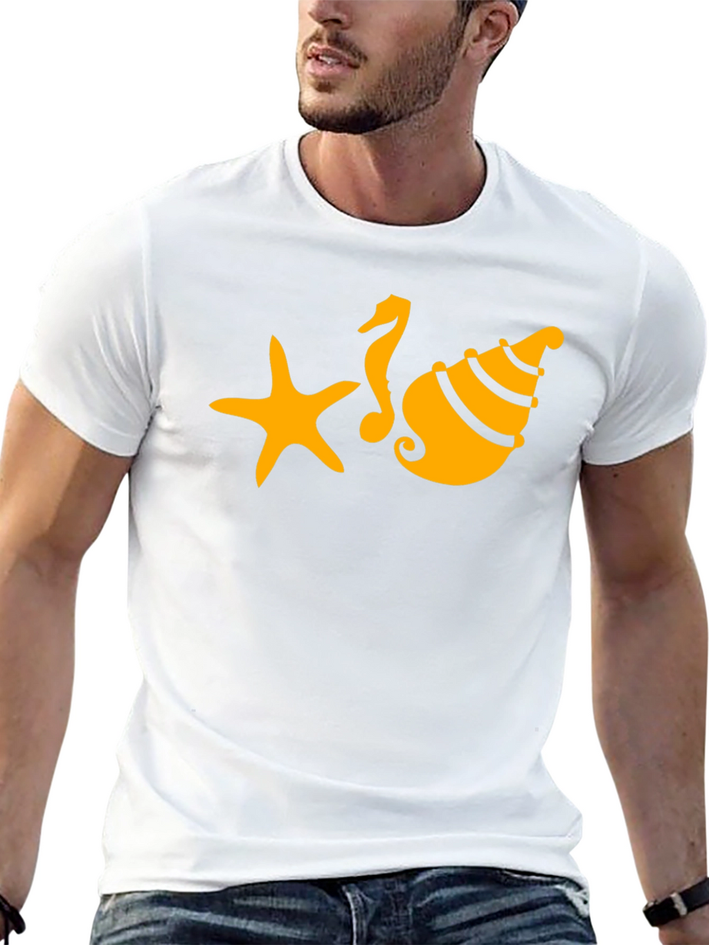 Black T-Shirt with Starfish Seahorse and Shell Design