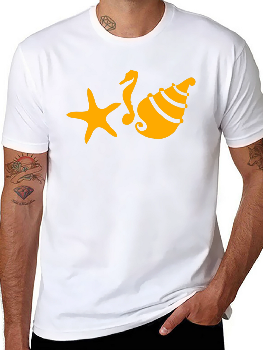 Black T-Shirt with Starfish Seahorse and Shell Design