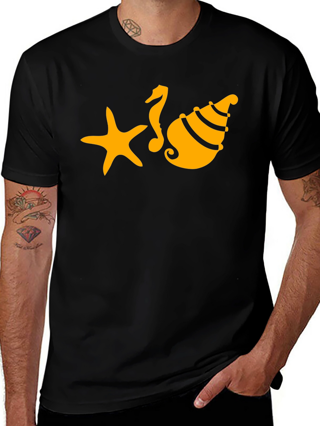 Black T-Shirt with Starfish Seahorse and Shell Design
