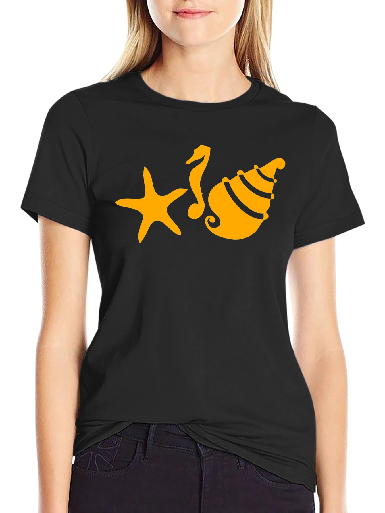 Black T-Shirt with Starfish Seahorse and Shell Design