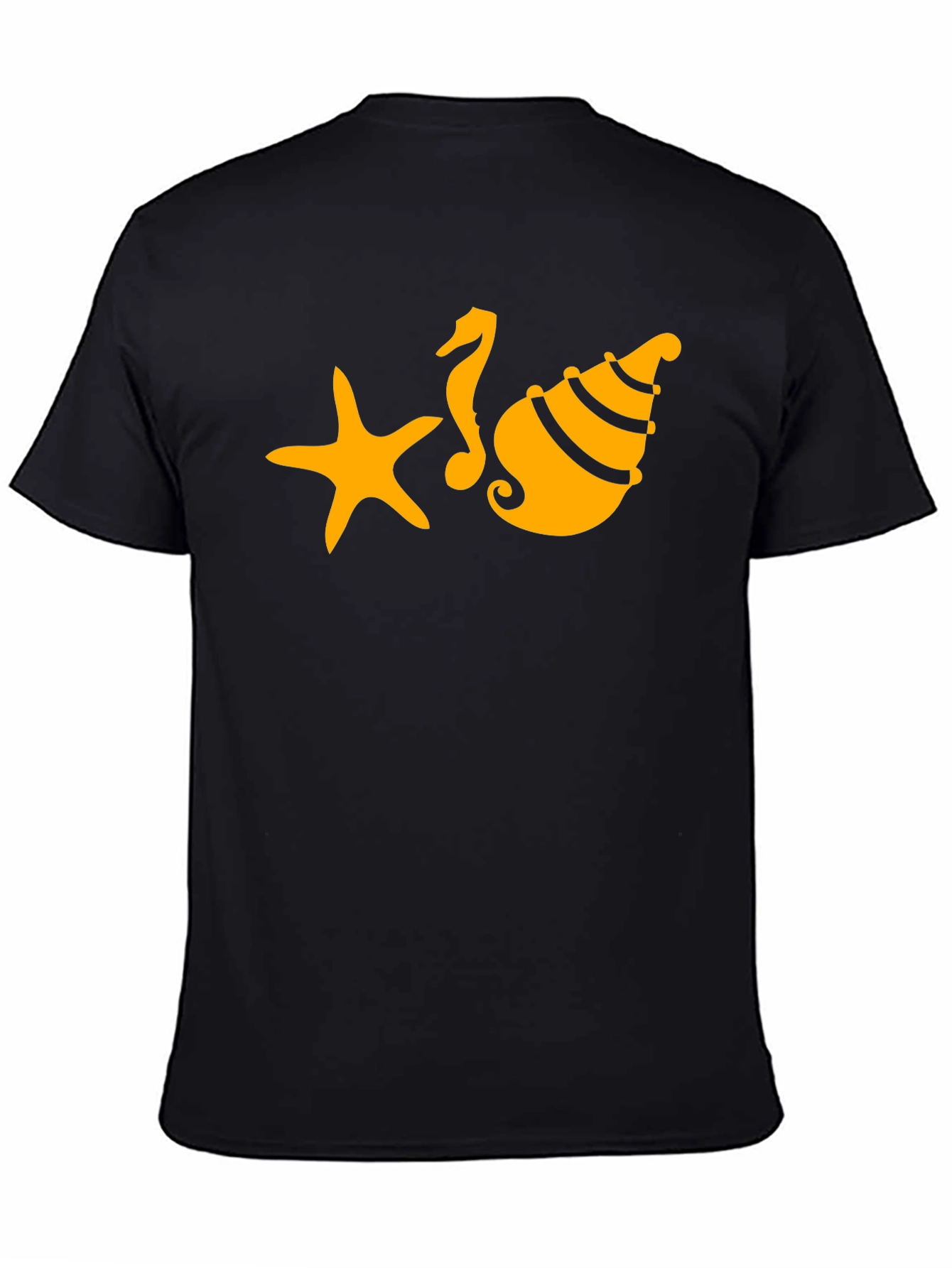 Black T-Shirt with Starfish Seahorse and Shell Design