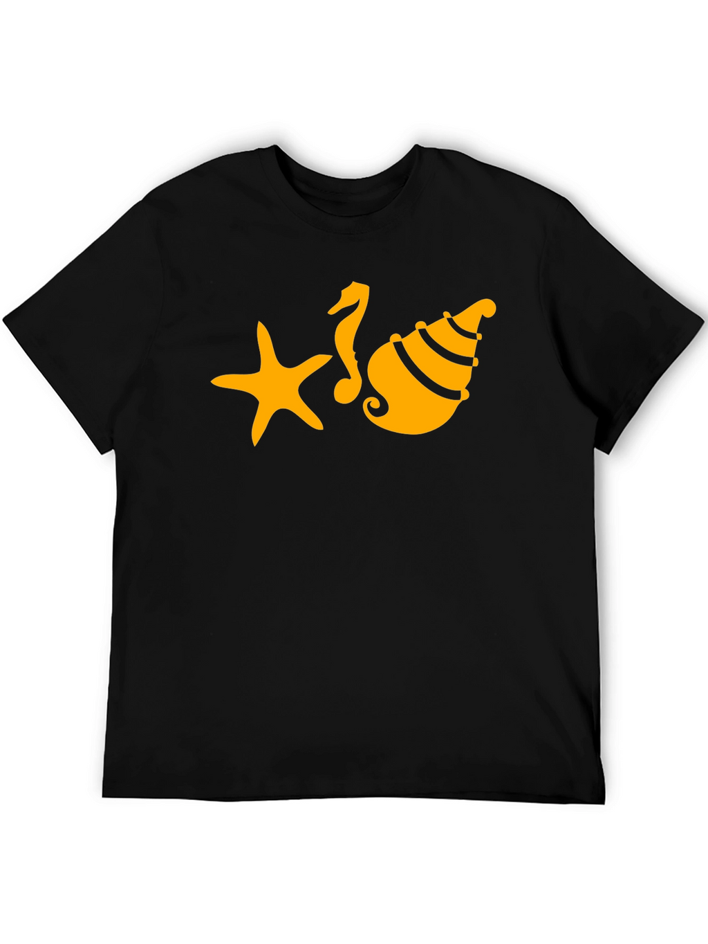 Black T-Shirt with Starfish Seahorse and Shell Design