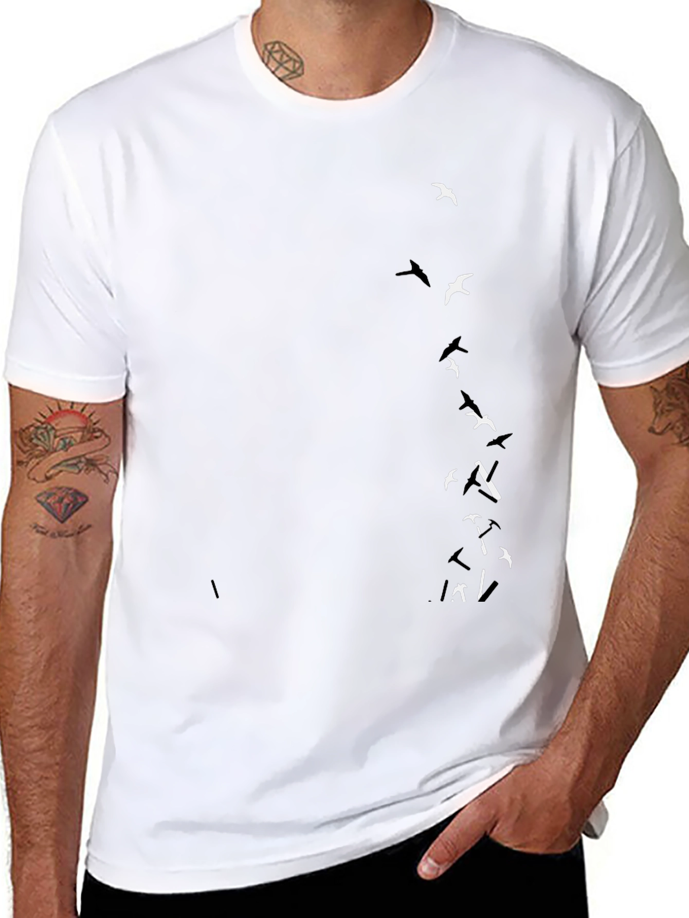 Mens Black T-Shirt with Flying Birds Design