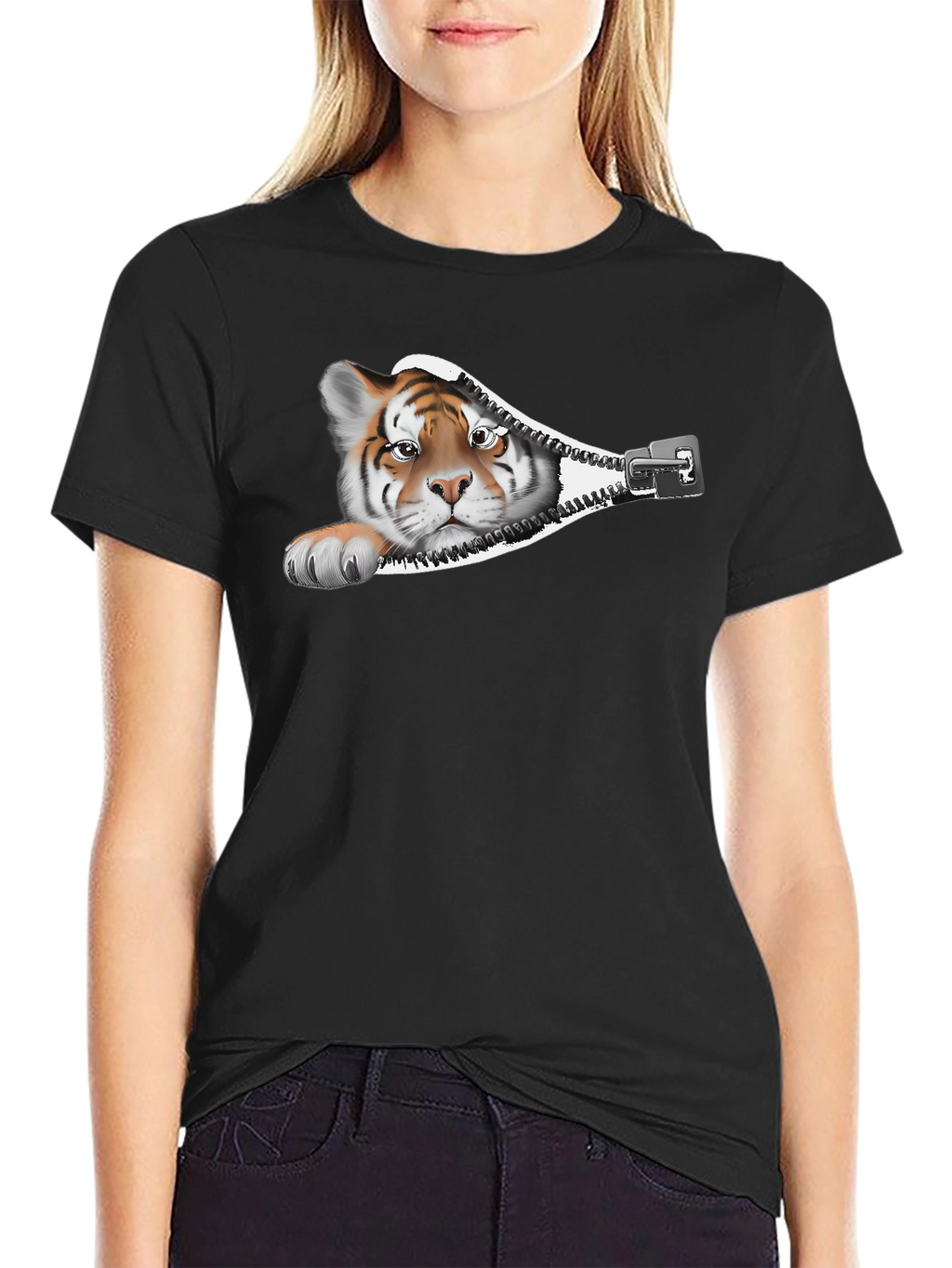 Tiger Zipper Graphic Print T-Shirt