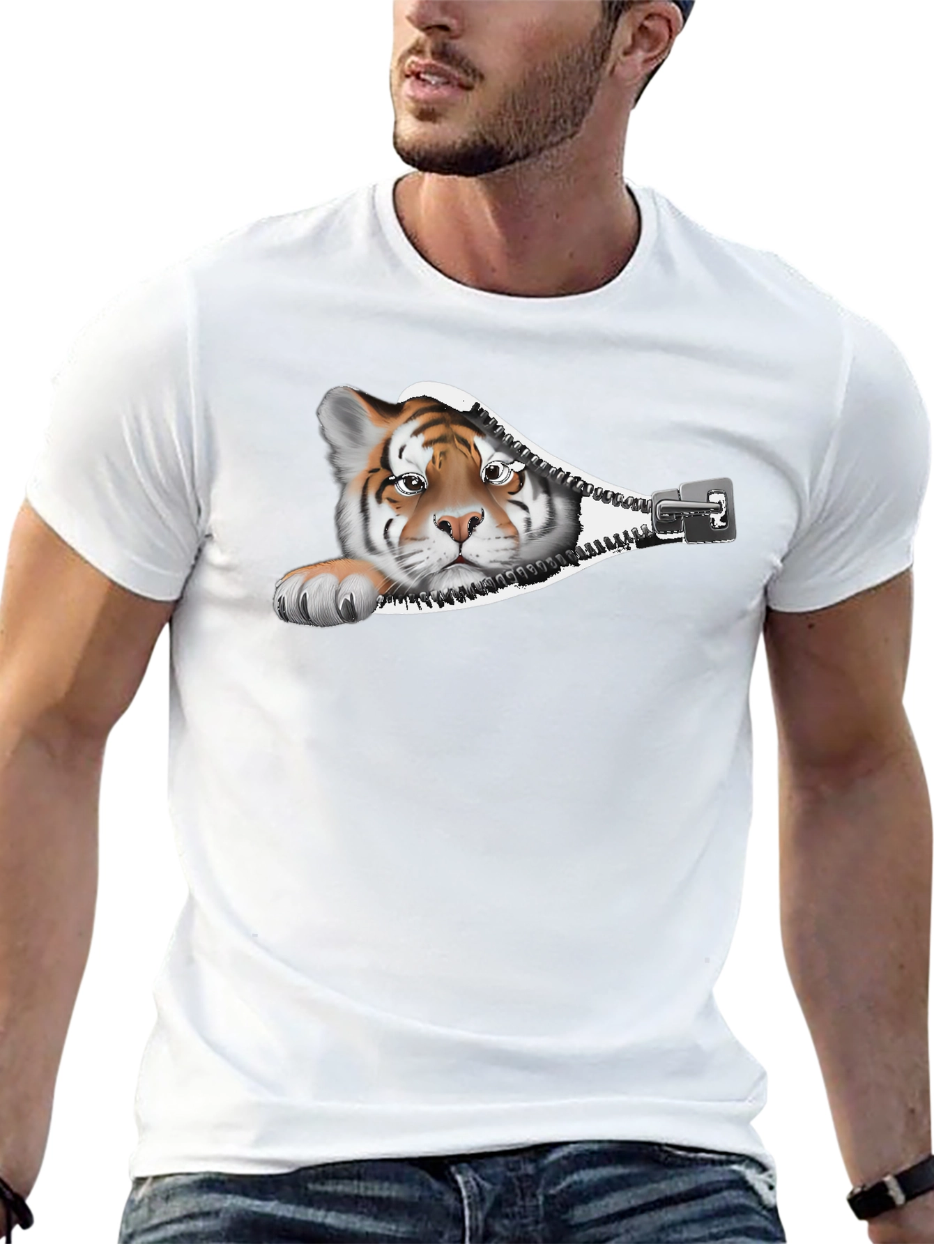 Tiger Zipper Graphic Print T-Shirt