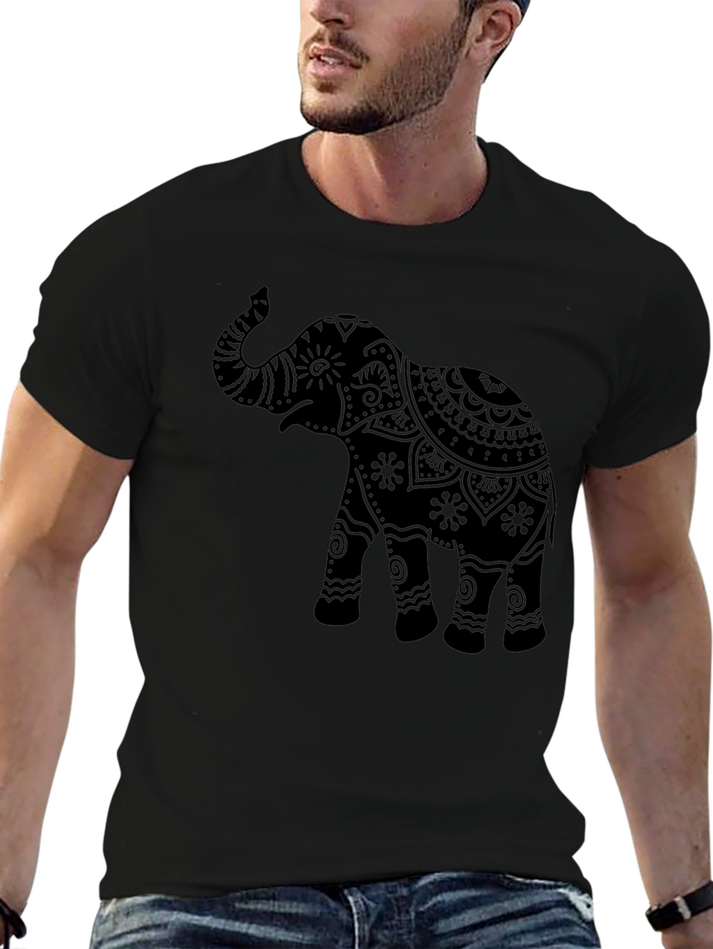 Elephant Mandala Graphic Tee - Black Crew Neck T-Shirt