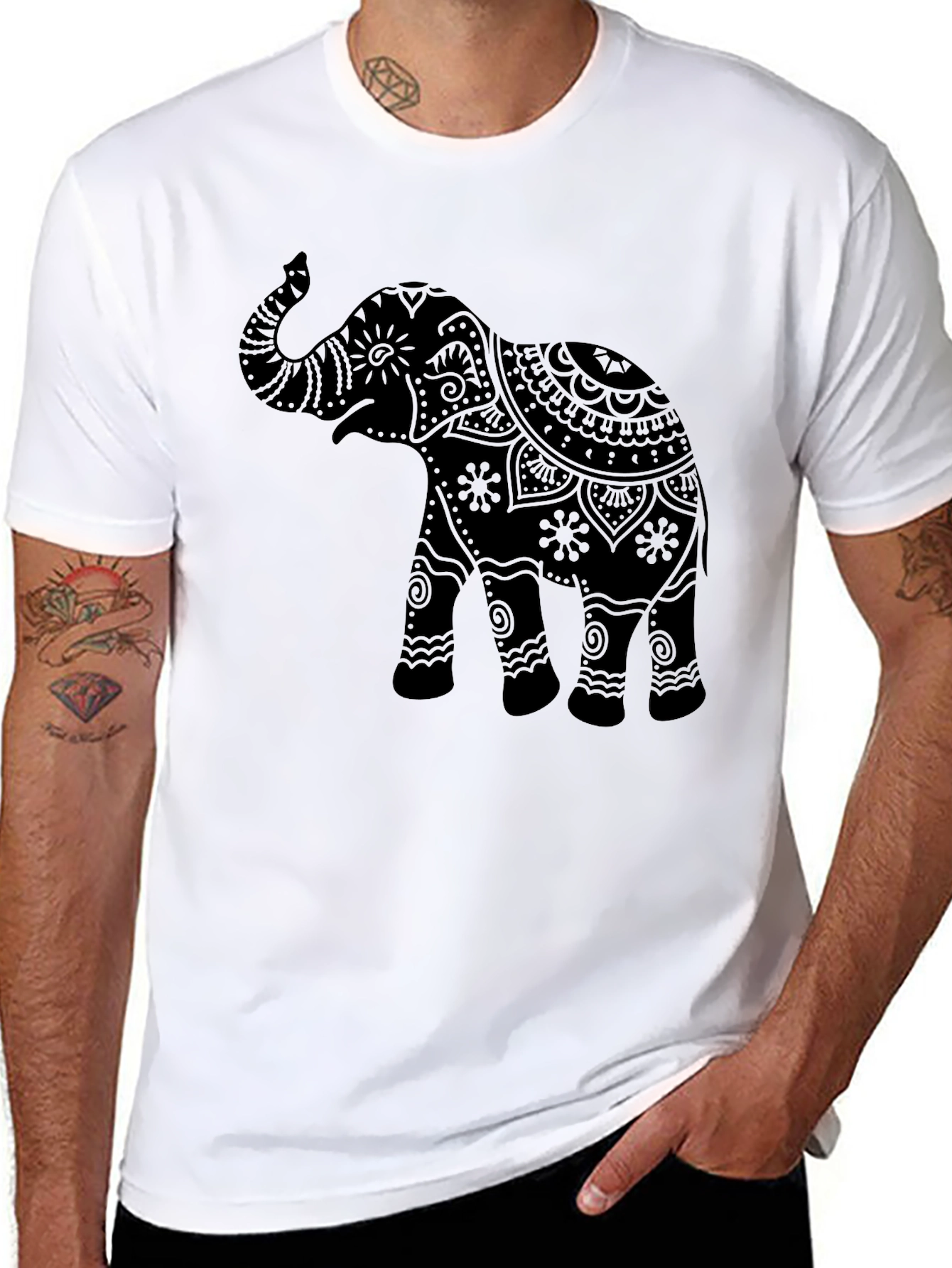 Elephant Mandala Graphic Tee - Black Crew Neck T-Shirt