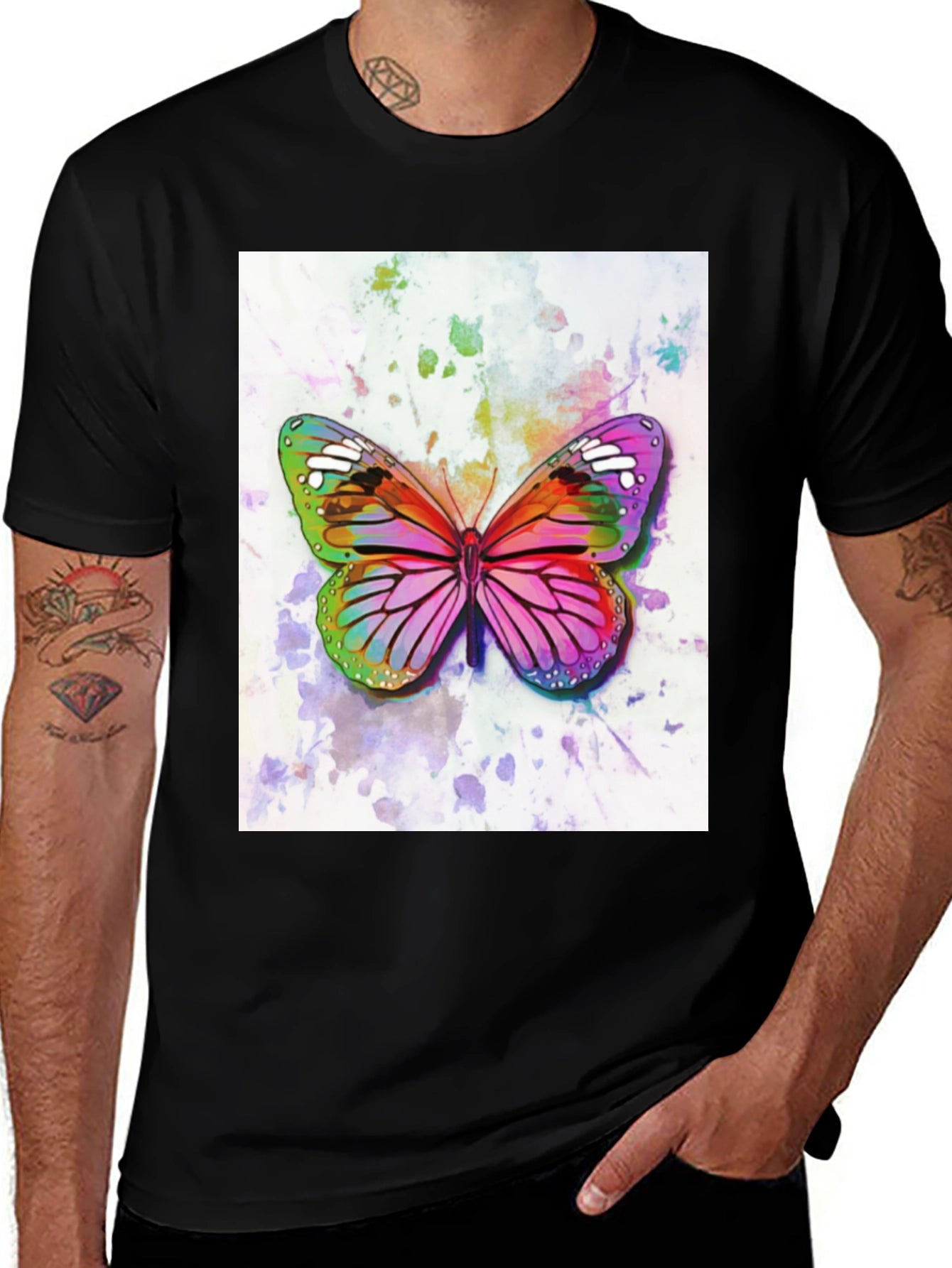 Watercolor Butterfly Black T-Shirt