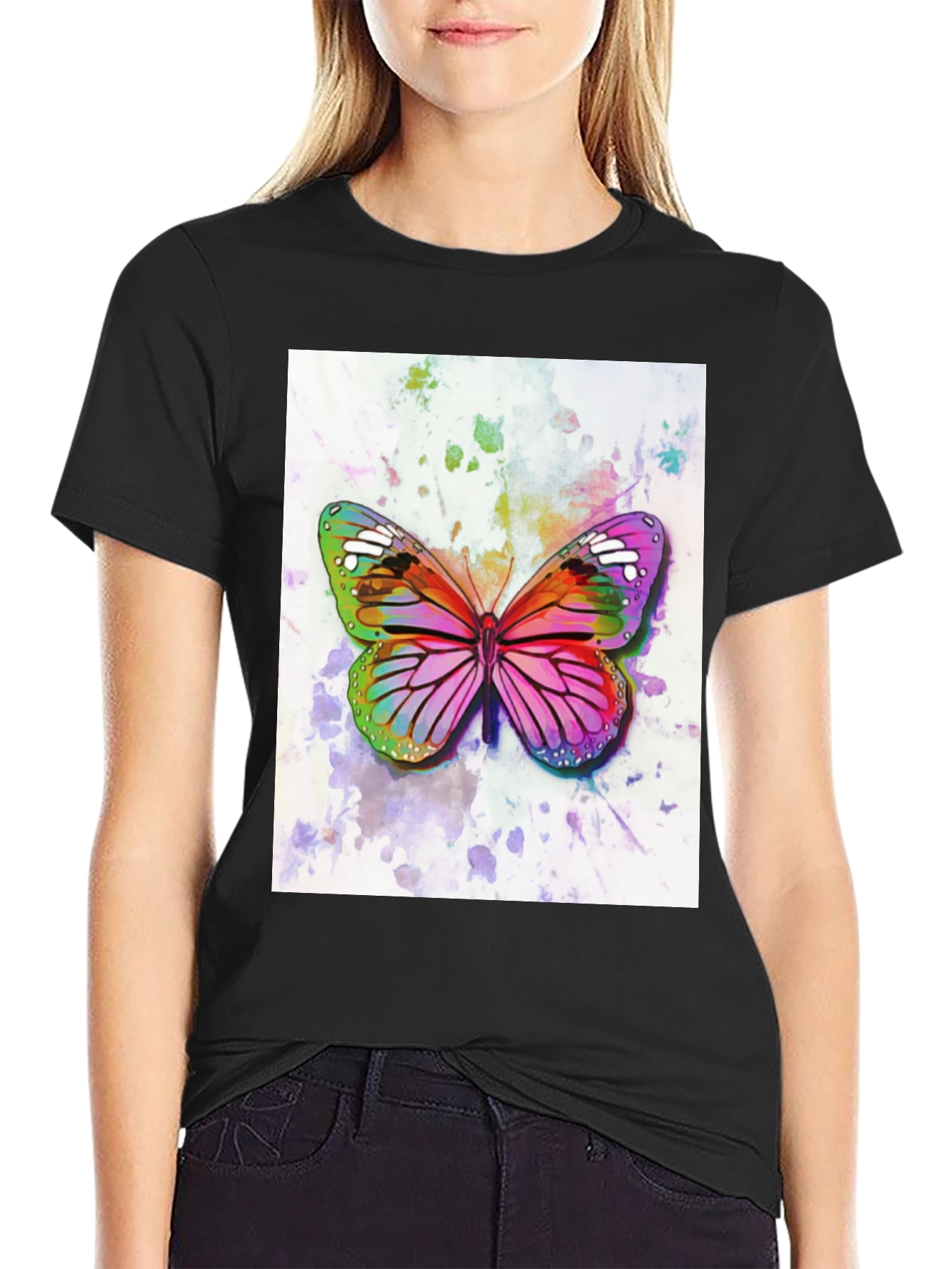 Watercolor Butterfly Black T-Shirt