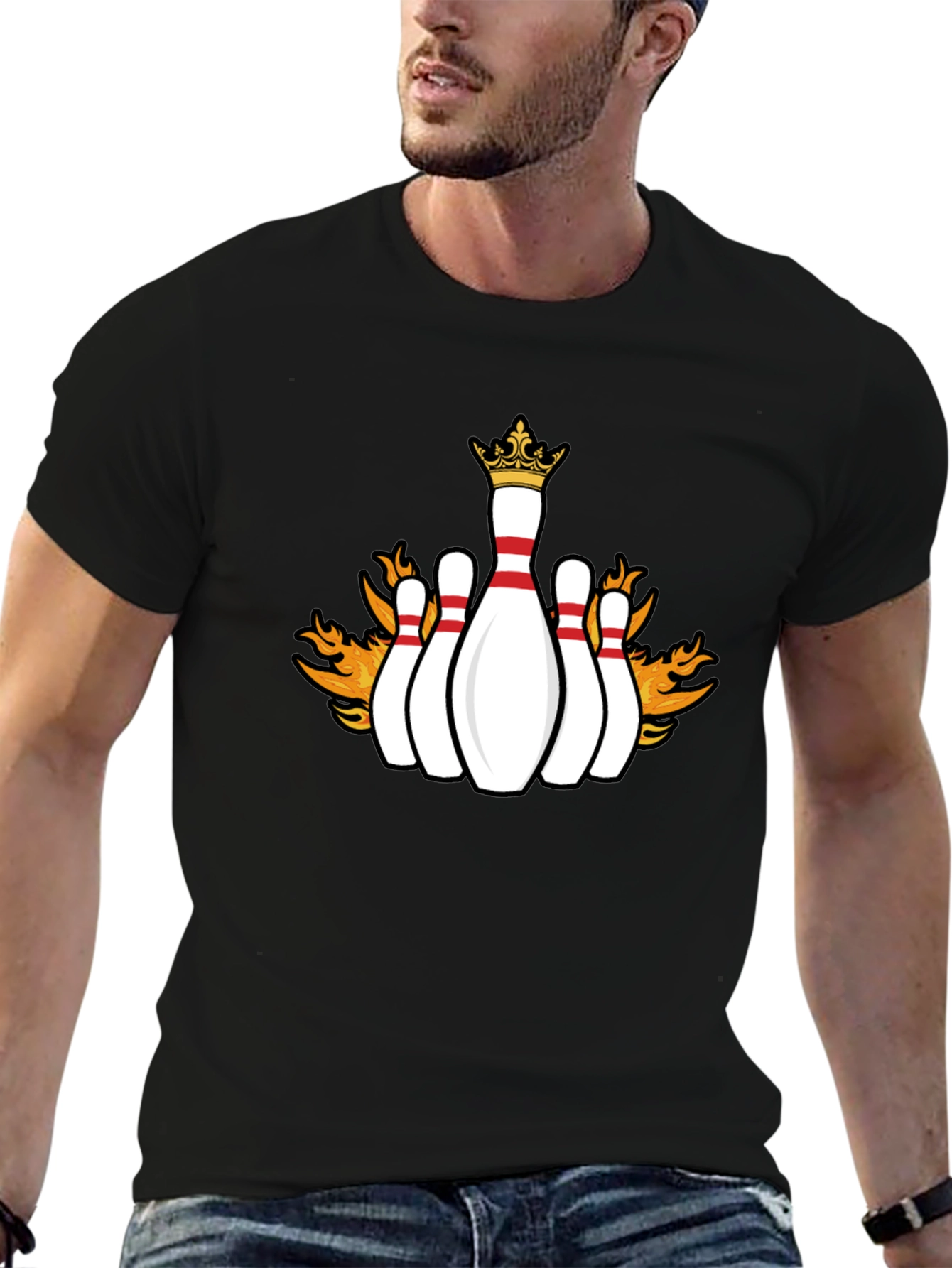 Flaming Crown Bowling Pins Black T-Shirt