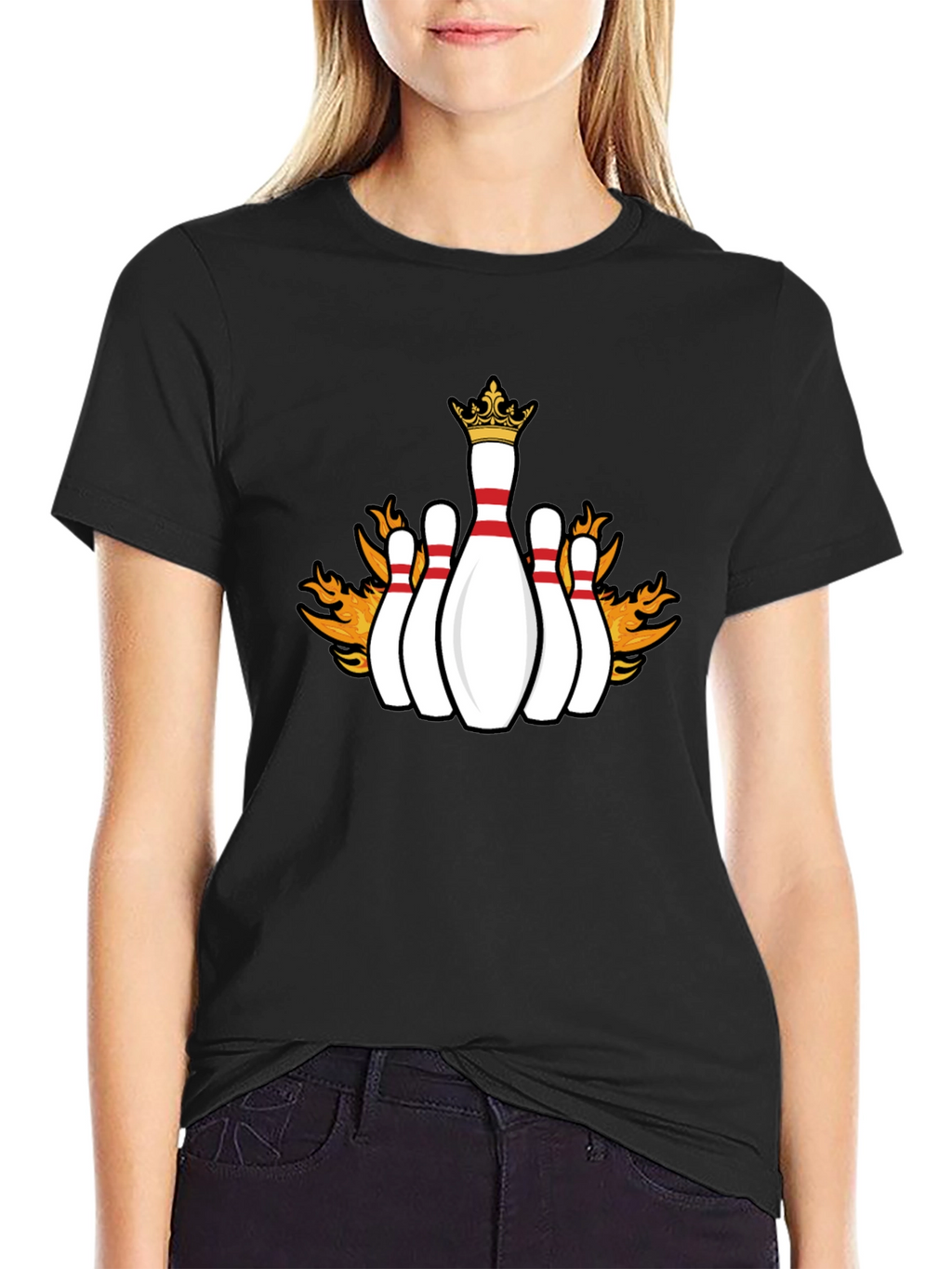 Flaming Crown Bowling Pins Black T-Shirt