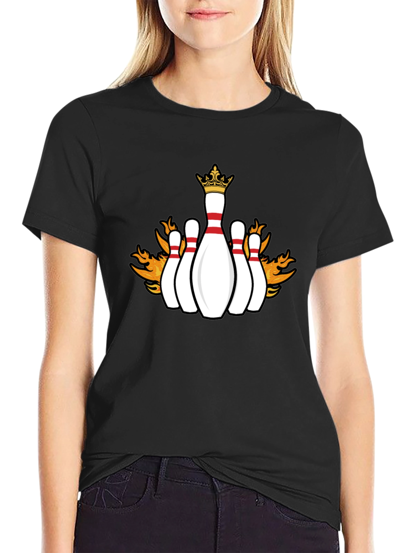 Flaming Crown Bowling Pins Black T-Shirt