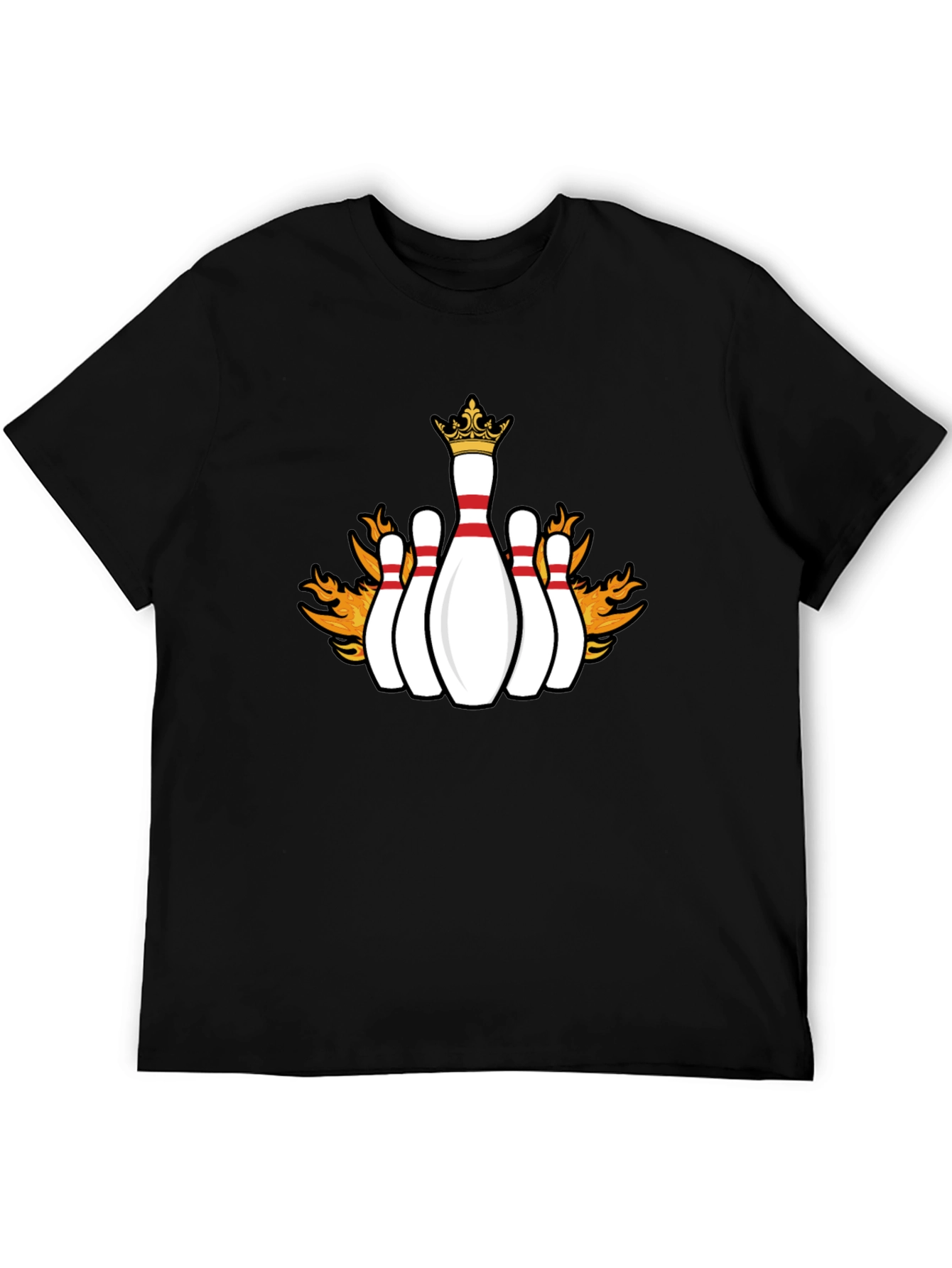 Flaming Crown Bowling Pins Black T-Shirt