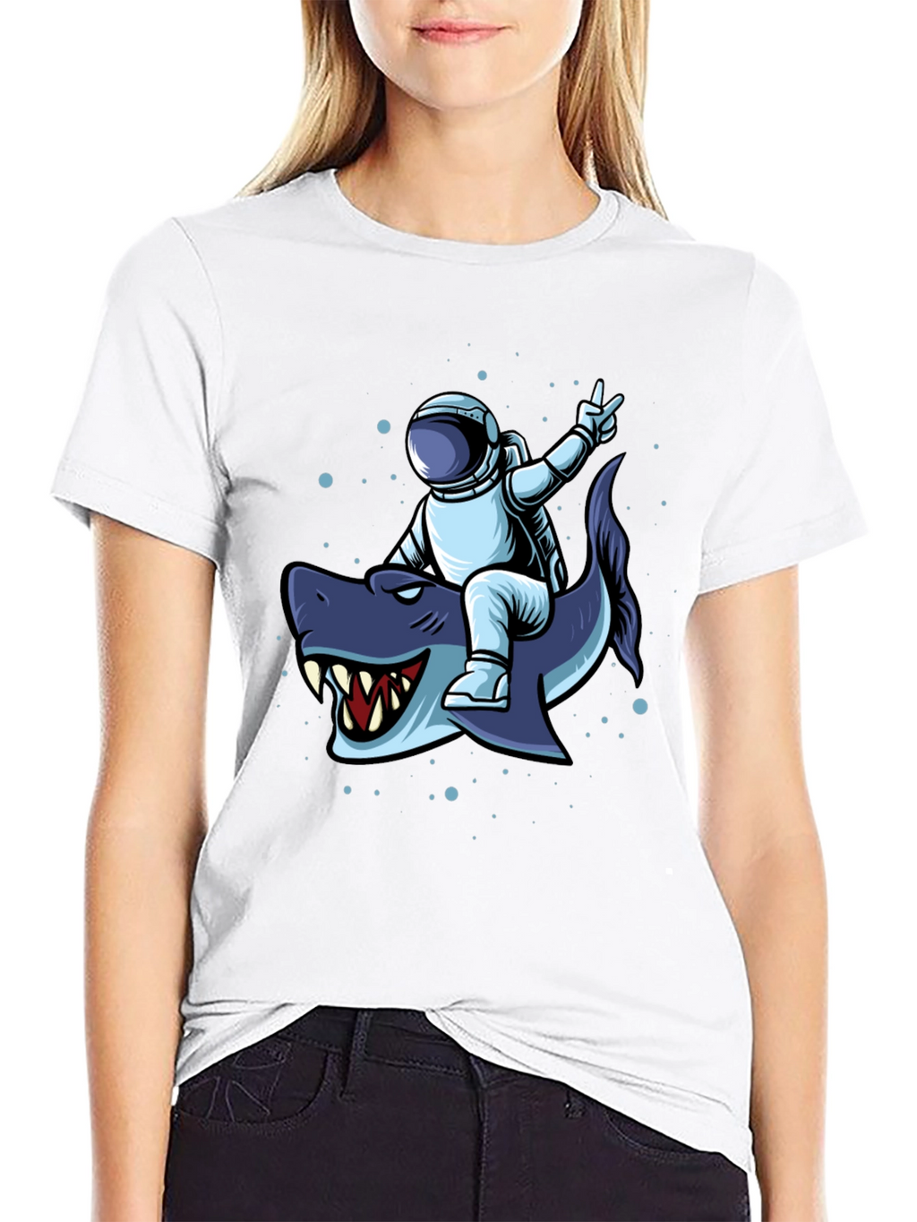 Astronaut Riding Shark Graphic Tee - Black