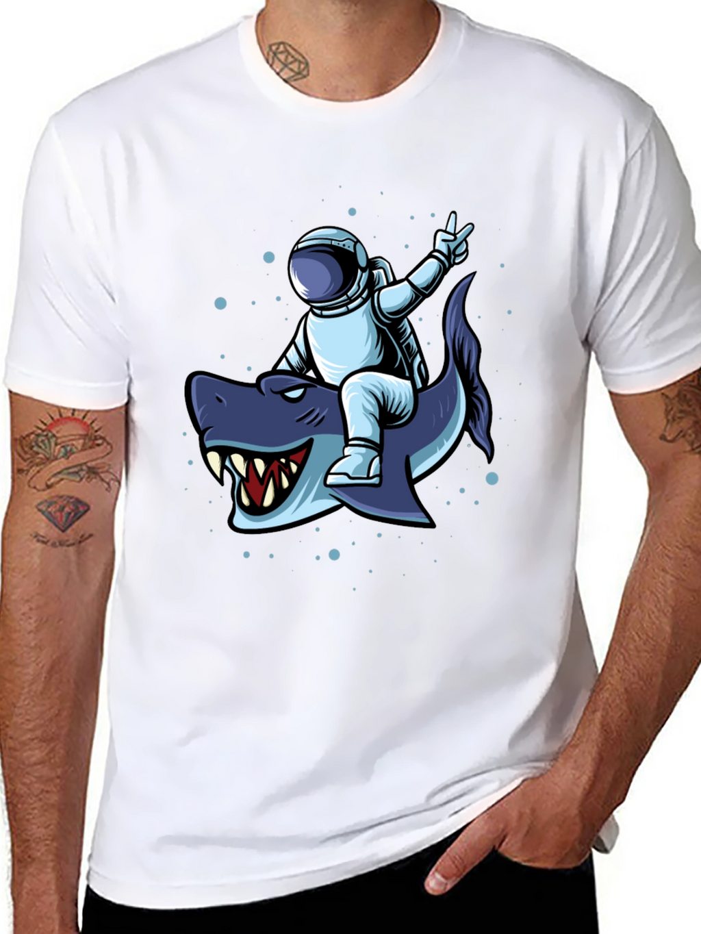 Astronaut Riding Shark Graphic Tee - Black