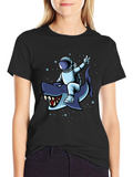 Astronaut Riding Shark Graphic Tee - Black