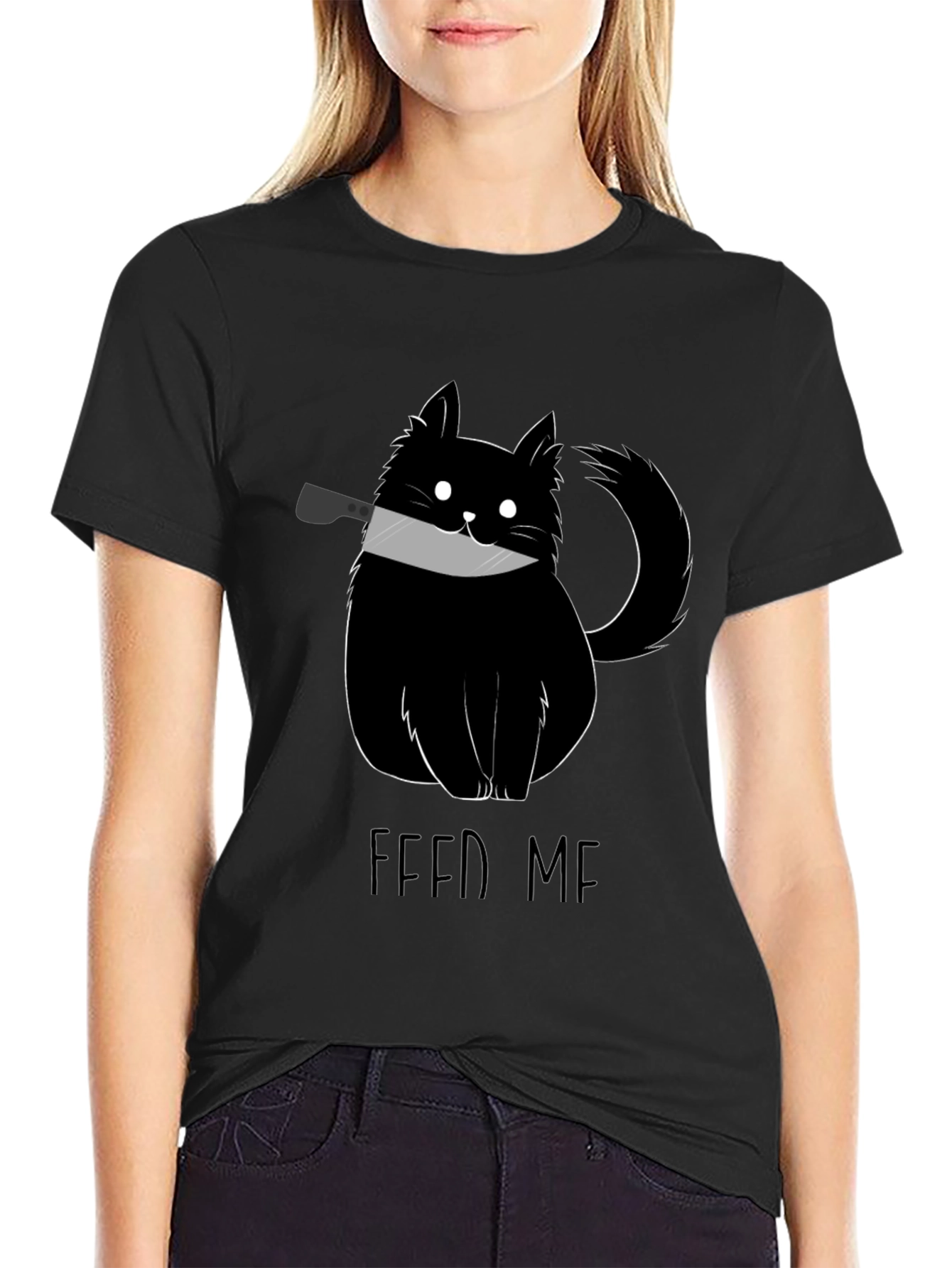 Feed Me Cat Knife Black T-Shirt