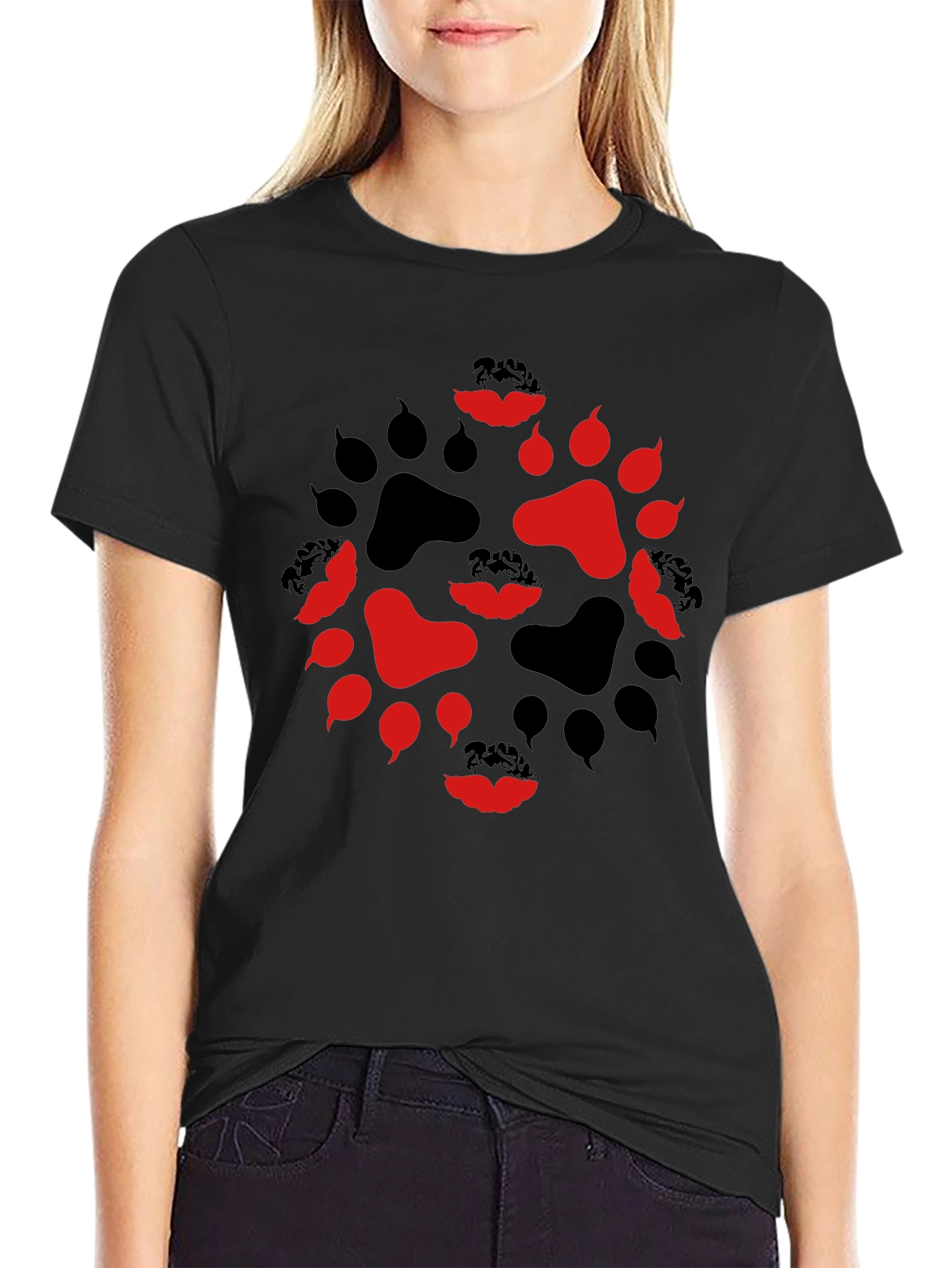 Paw Print Lips Graphic Tee - Black Cotton Blend Casual Wear