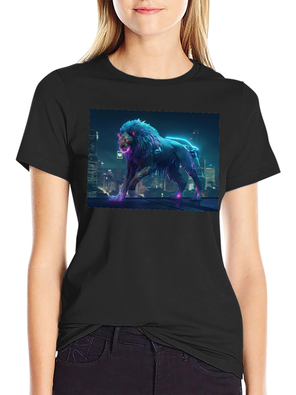 Cyberpunk Lion Graphic Black T-Shirt