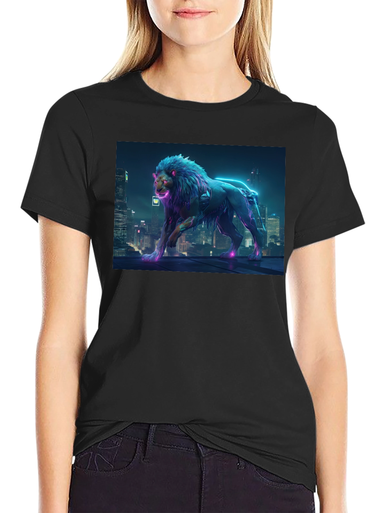 Cyberpunk Lion Graphic Black T-Shirt