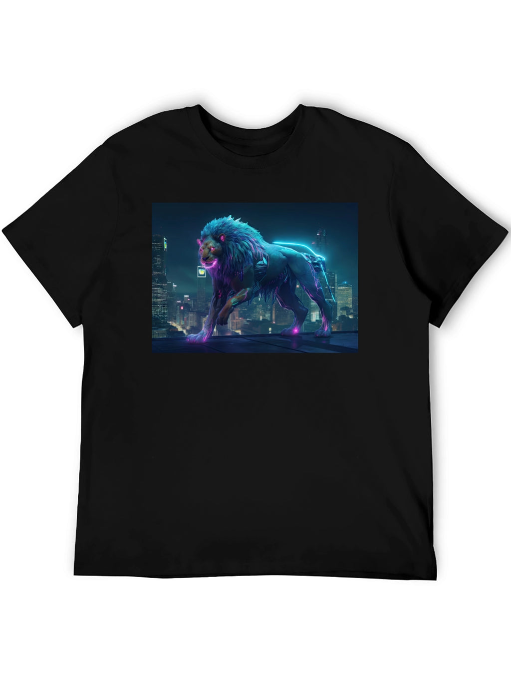 Cyberpunk Lion Graphic Black T-Shirt