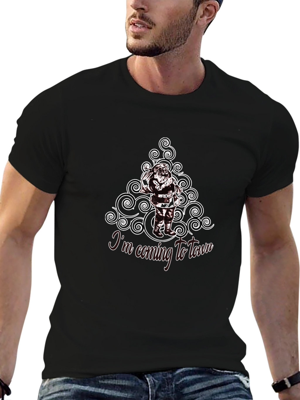 Santas Coming to Town Black Cotton T-Shirt