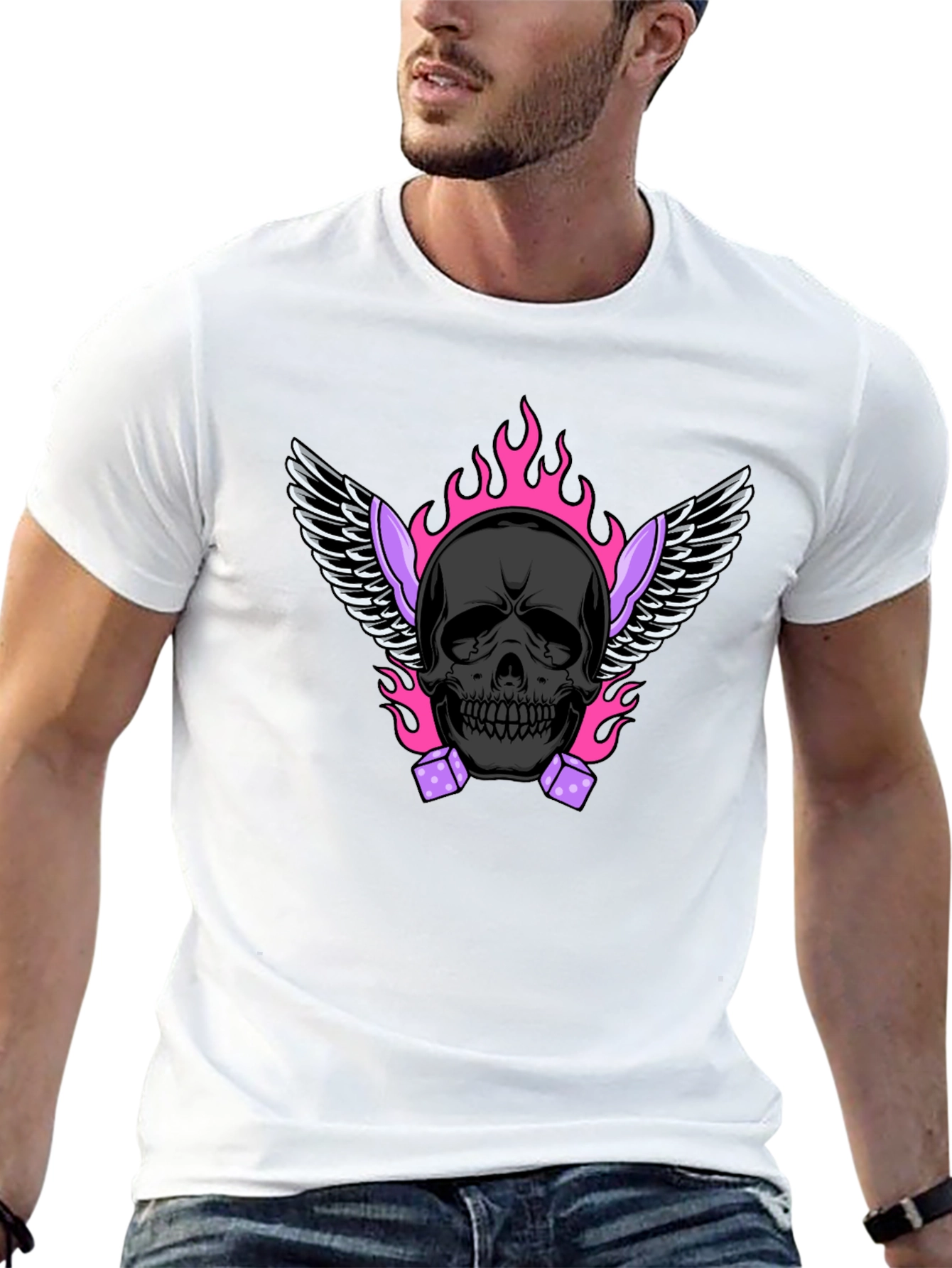 Skull with Wings and Dice Graphic T-Shirt