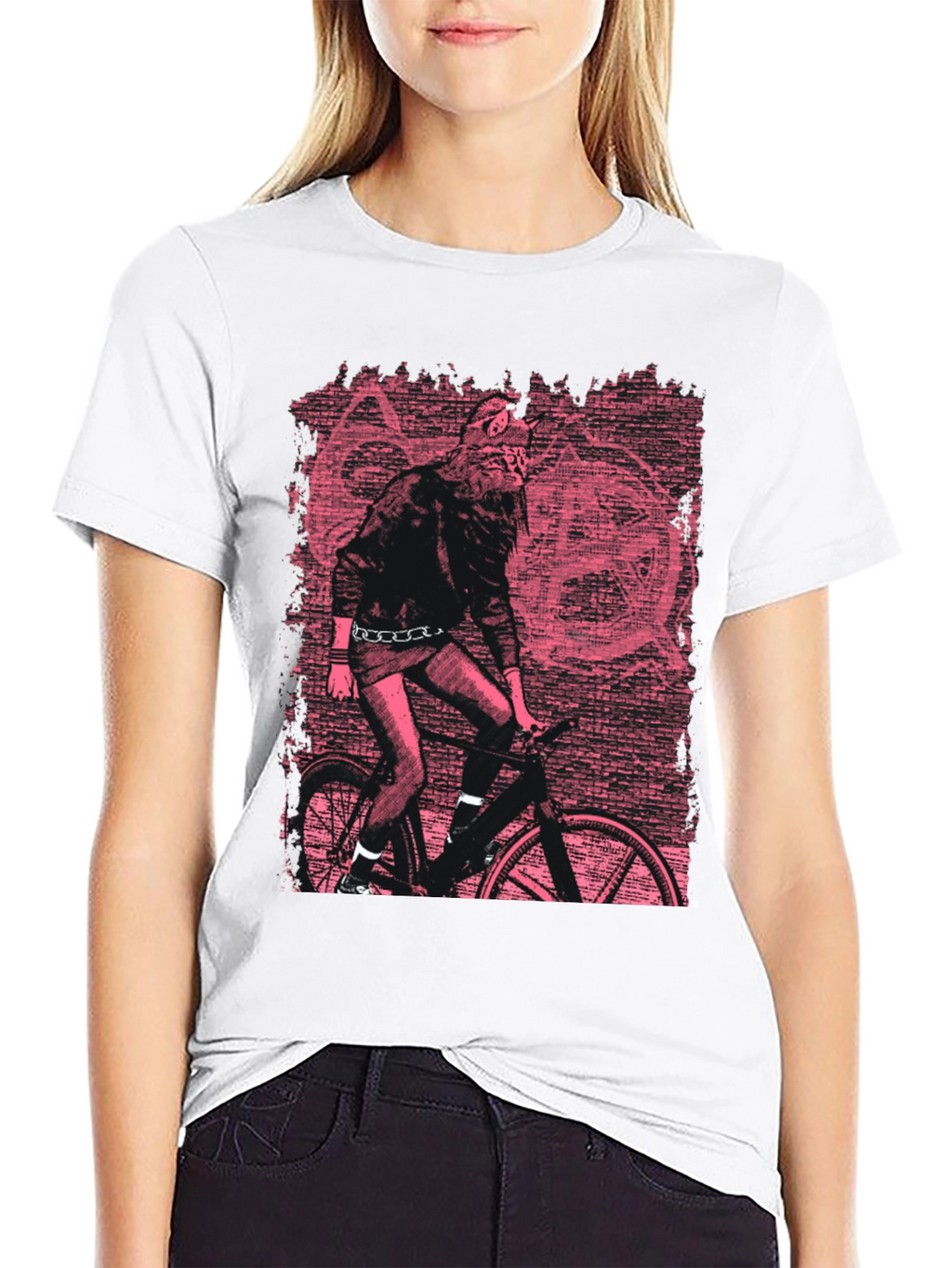 Edgy Graphic Tee - Werewolf Biker in Pink