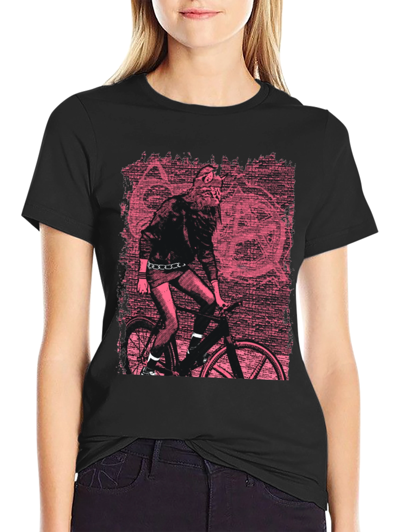 Edgy Graphic Tee - Werewolf Biker in Pink