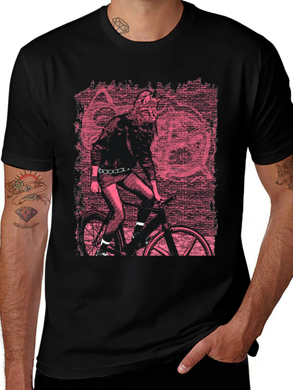 Edgy Graphic Tee - Werewolf Biker in Pink