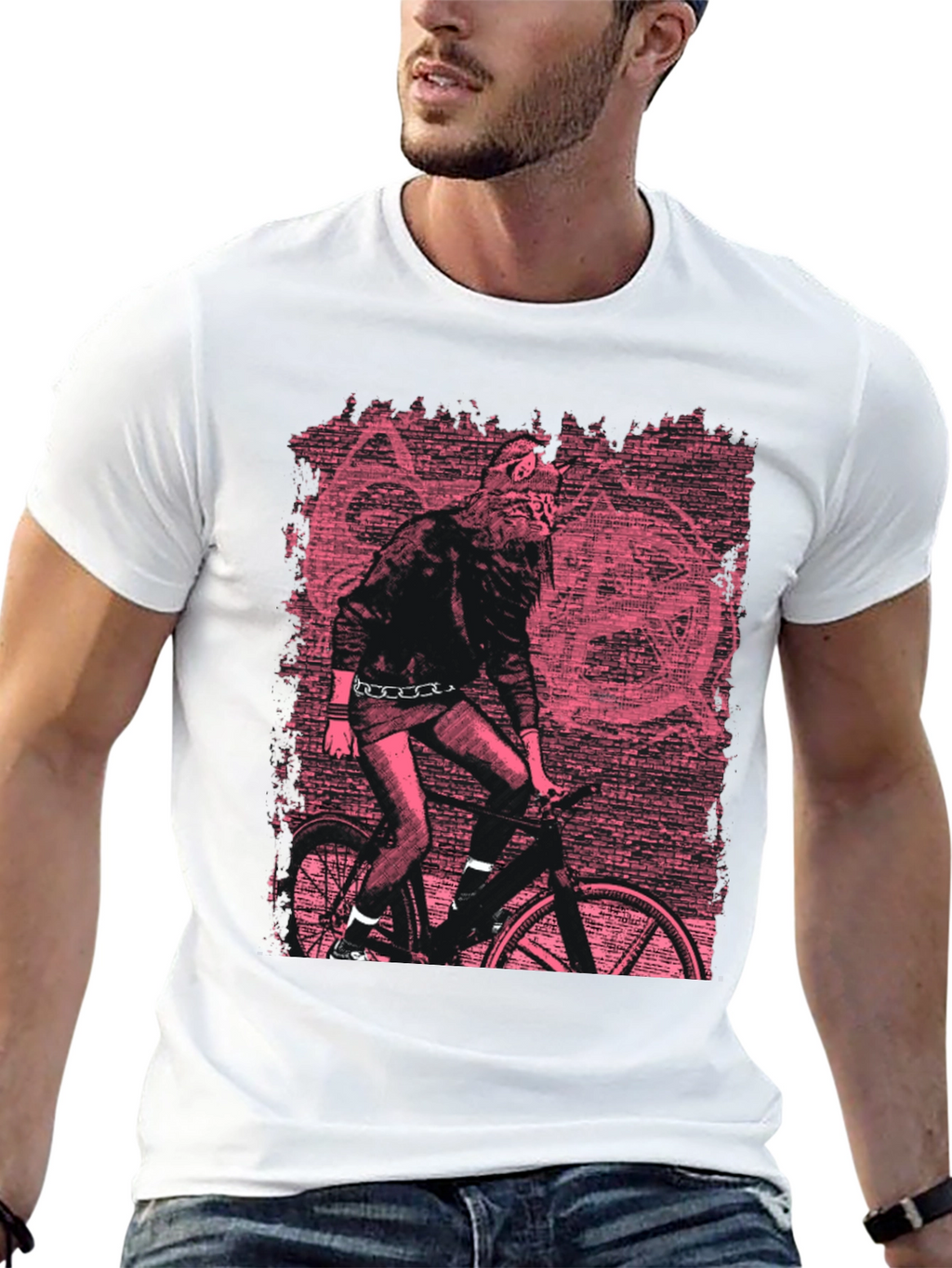 Edgy Graphic Tee - Werewolf Biker in Pink