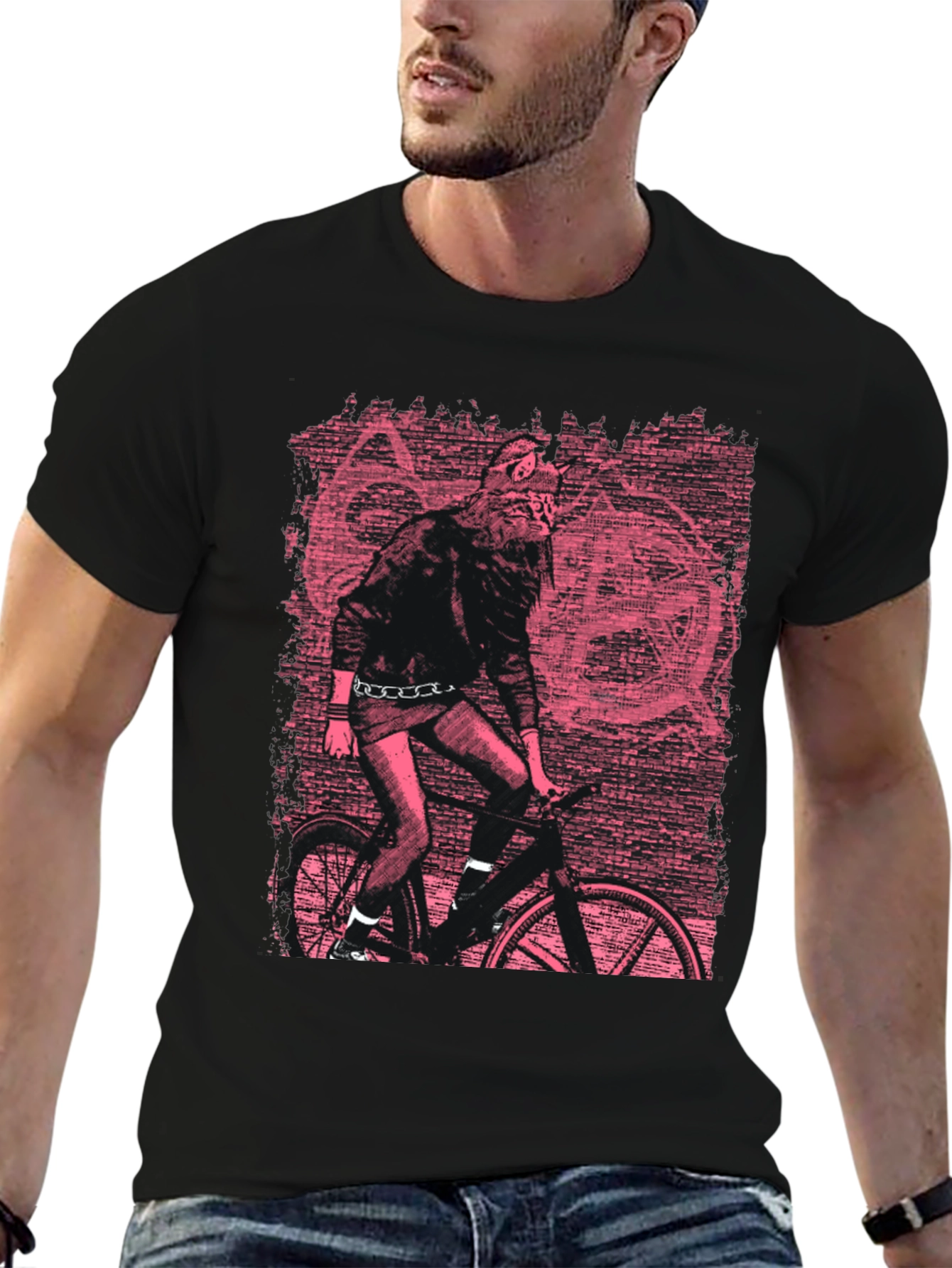 Edgy Graphic Tee - Werewolf Biker in Pink