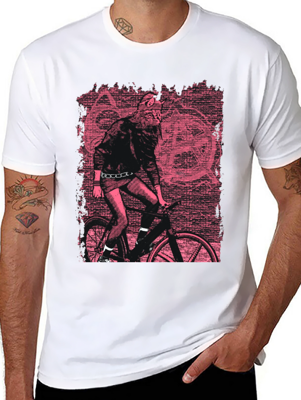 Edgy Graphic Tee - Werewolf Biker in Pink