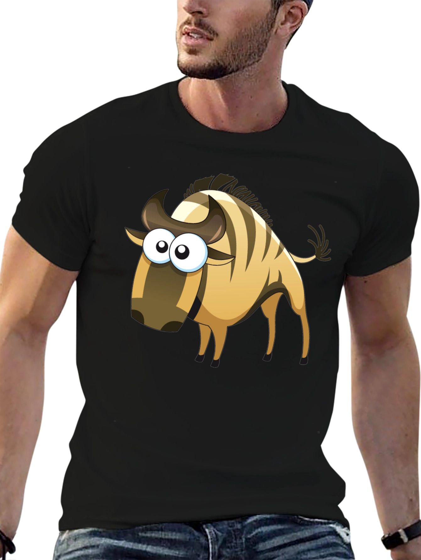 Cartoon Wildebeest Black T-Shirt