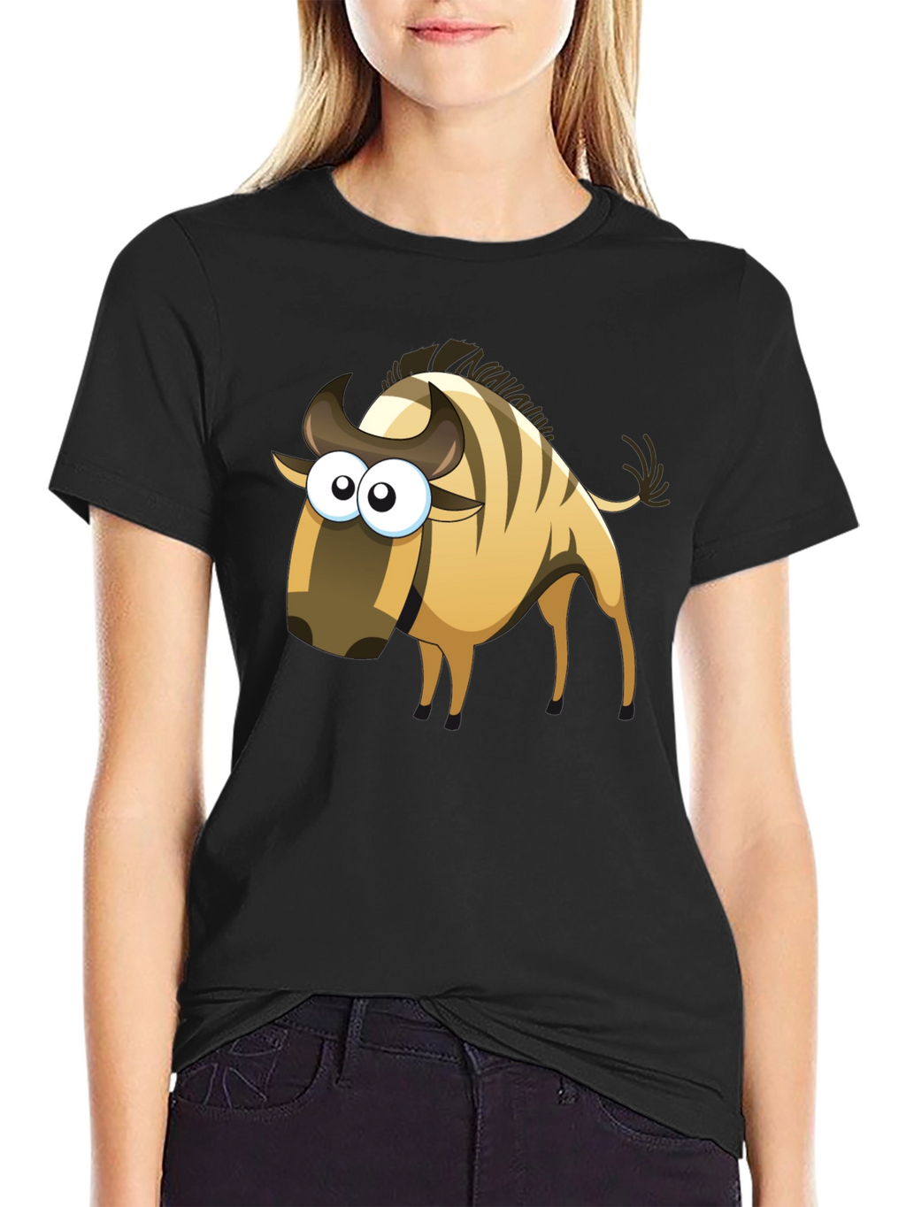 Cartoon Wildebeest Black T-Shirt