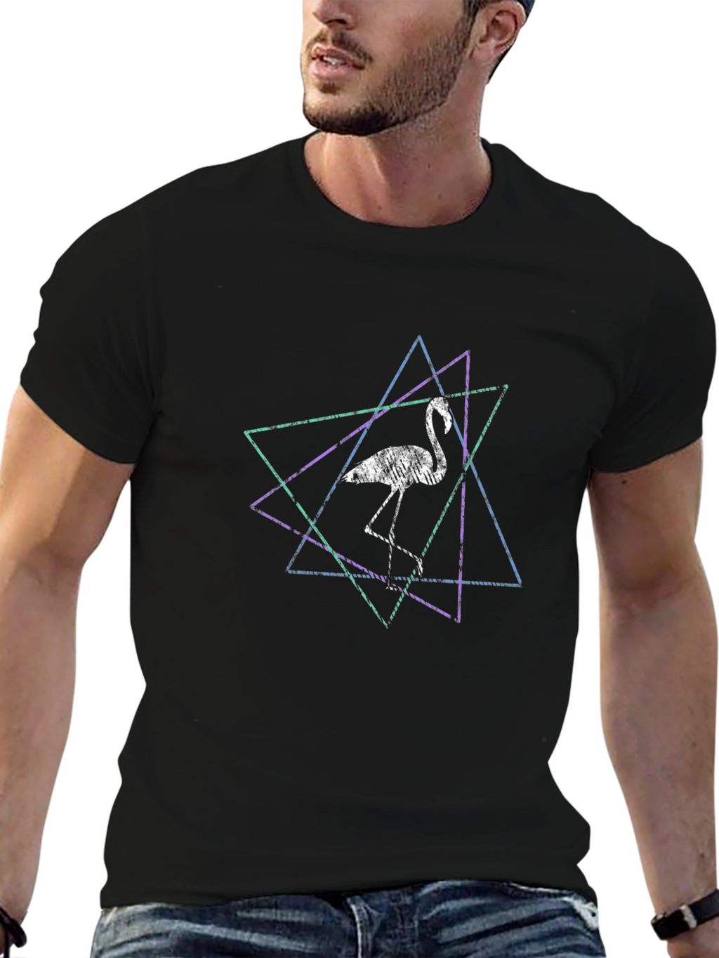 Geometric Flamingo Graphic Tee - Black Cotton Blend Shirt