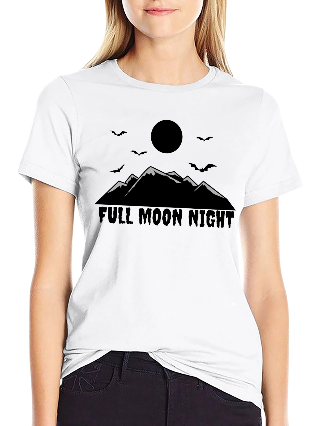 Full Moon Night Graphic Tee - Mountain & Bats Print