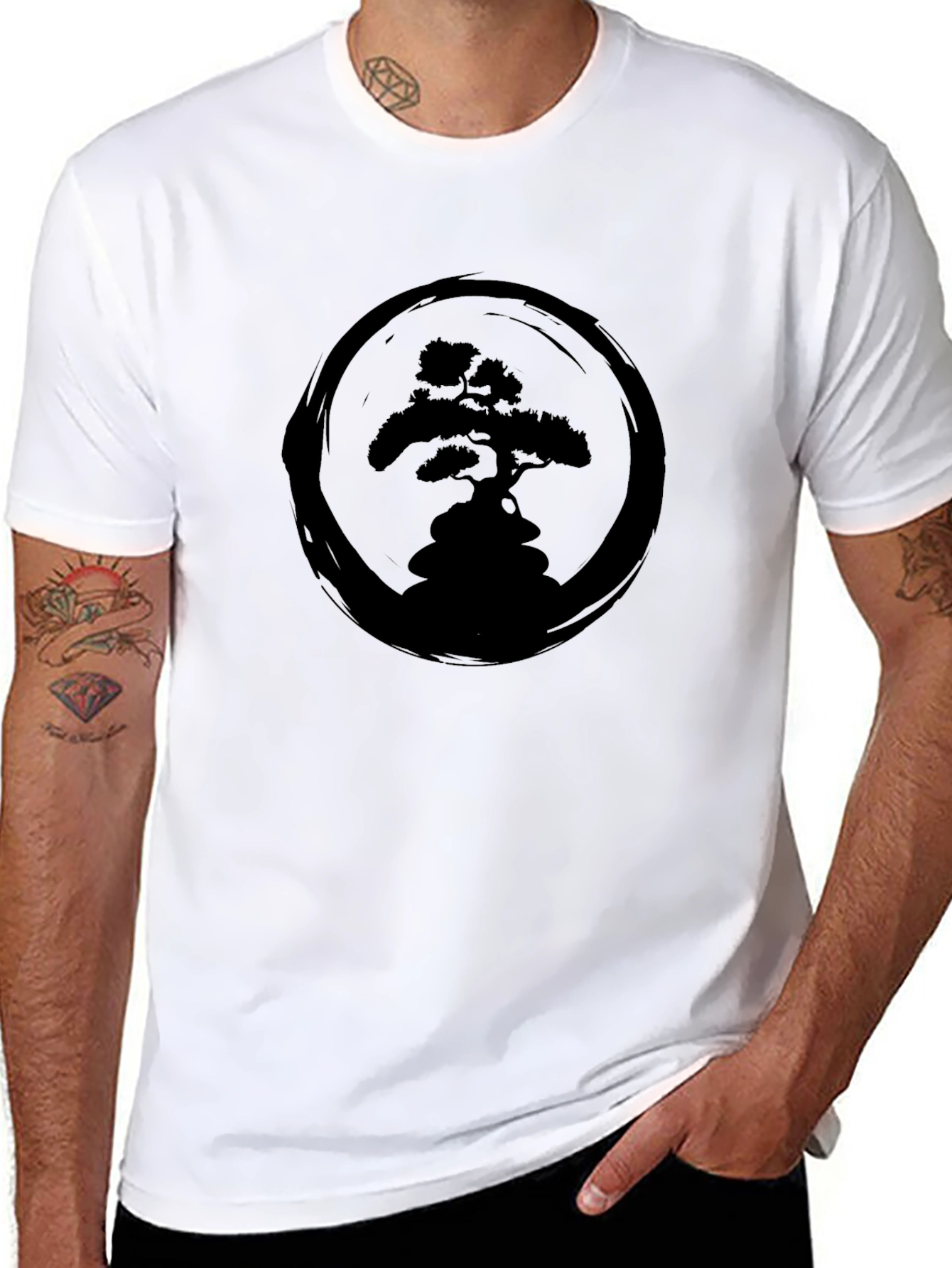 Bonsai Tree Zen Circle Black T-Shirt