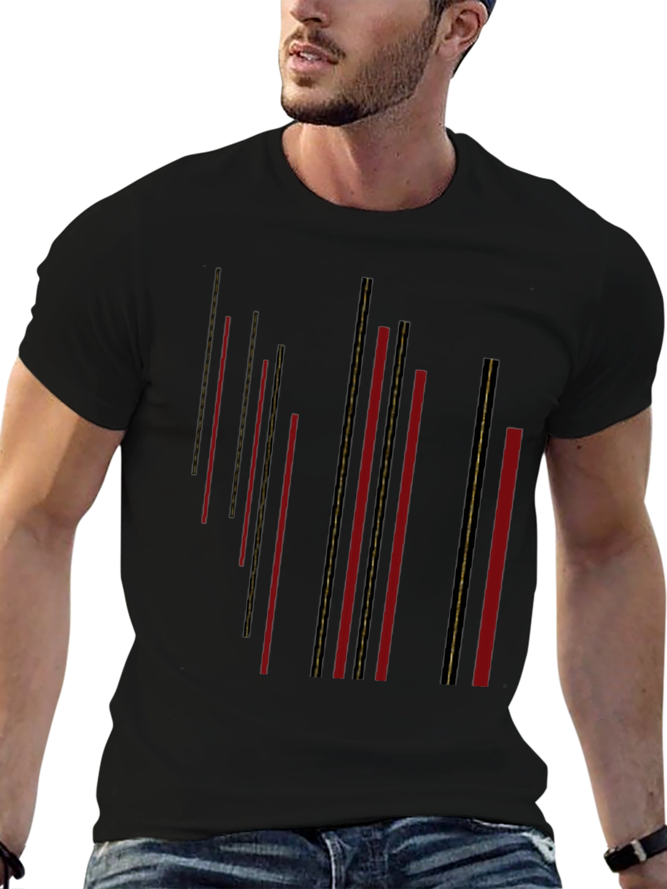 Modern Black T-Shirt with Geometric Stripe Design