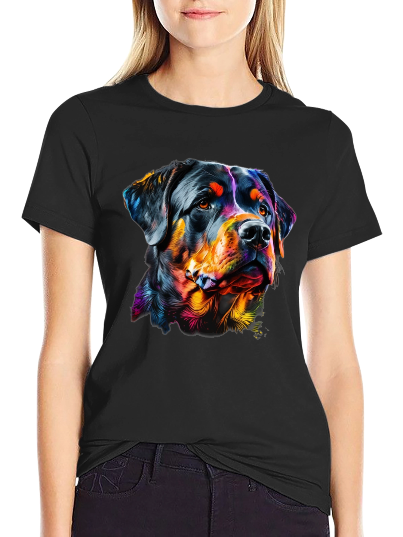Rottweiler Dog Art Graphic Print Black T-Shirt