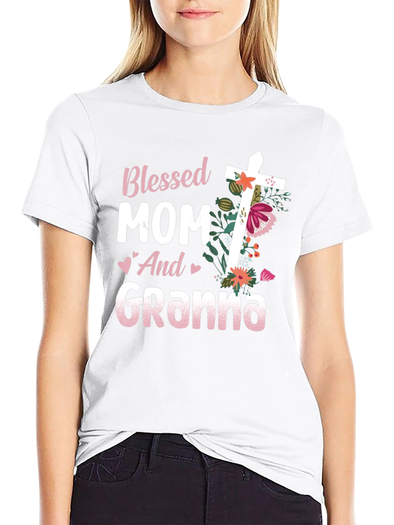 Blessed Mom and Granna Floral Cross T-Shirt