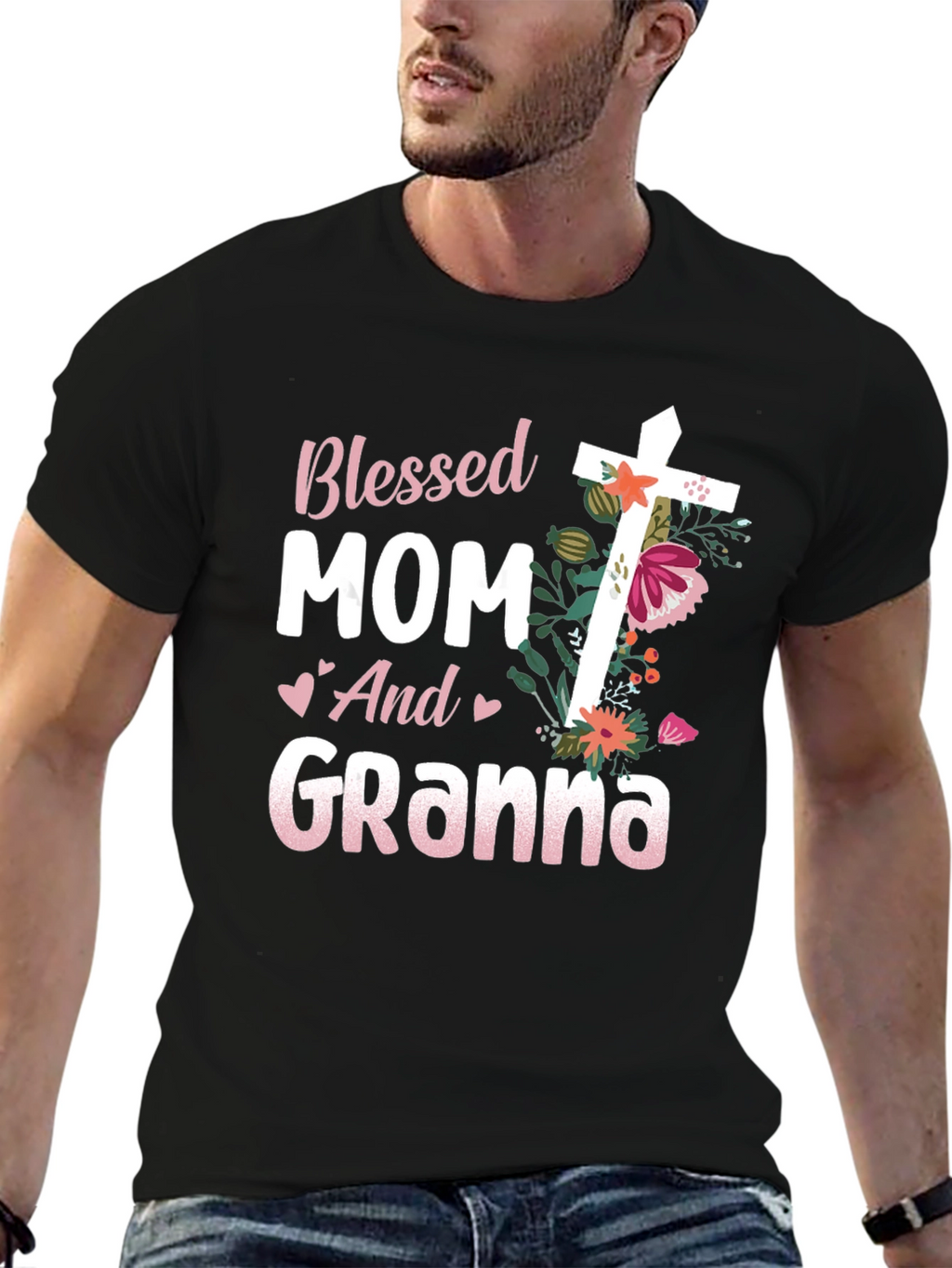 Blessed Mom and Granna Floral Cross T-Shirt