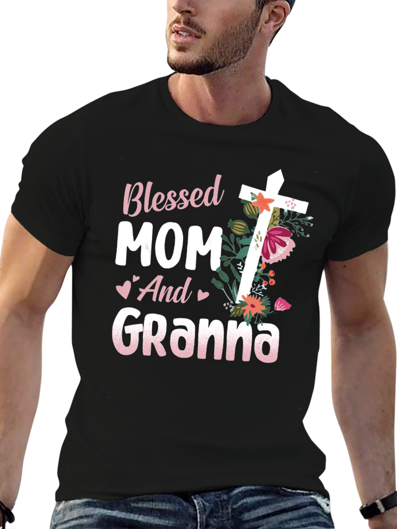 Blessed Mom and Granna Floral Cross T-Shirt