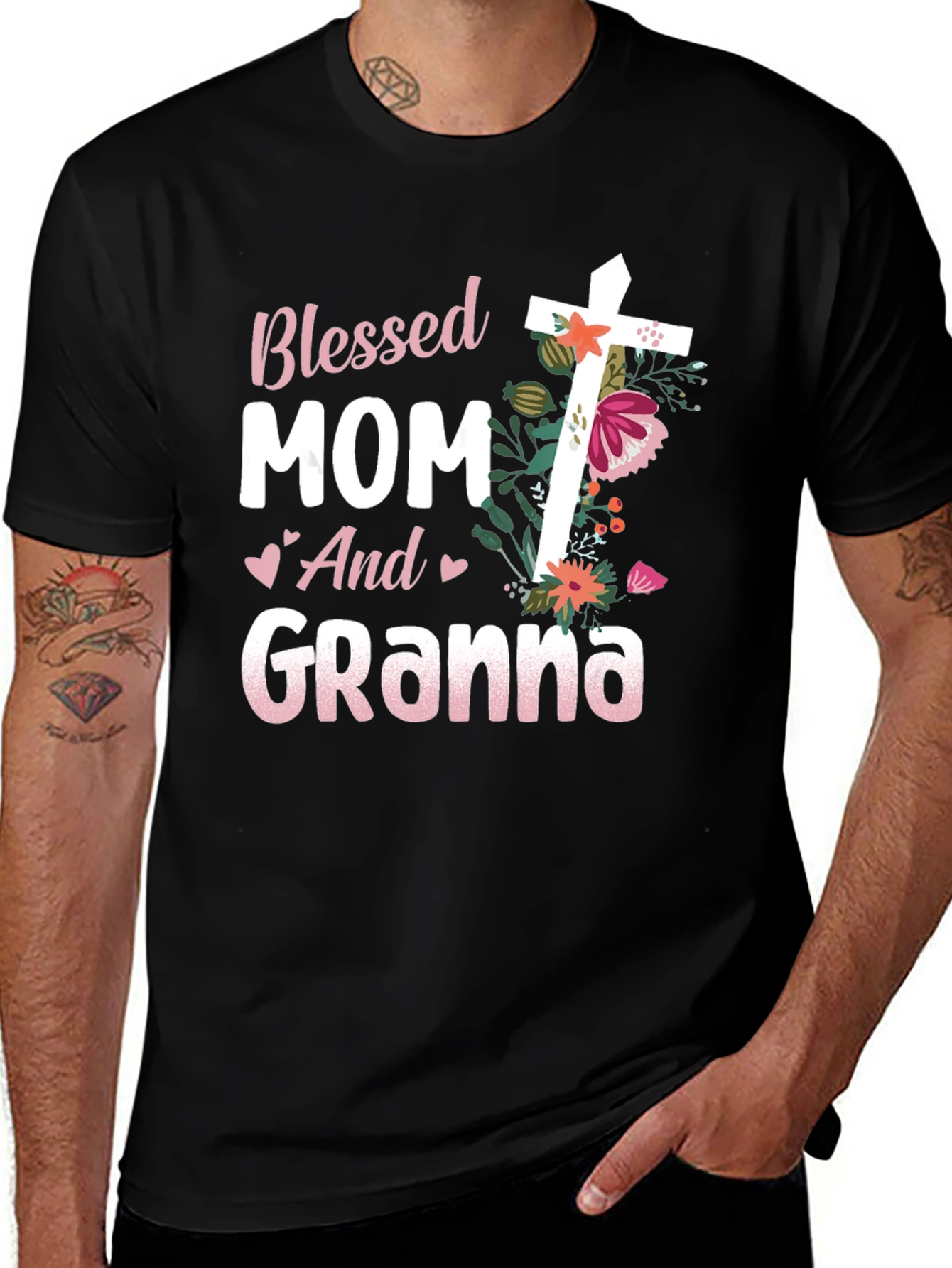 Blessed Mom and Granna Floral Cross T-Shirt