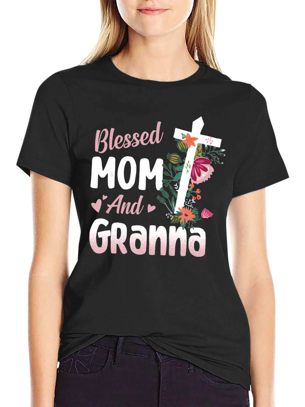 Blessed Mom and Granna Floral Cross T-Shirt