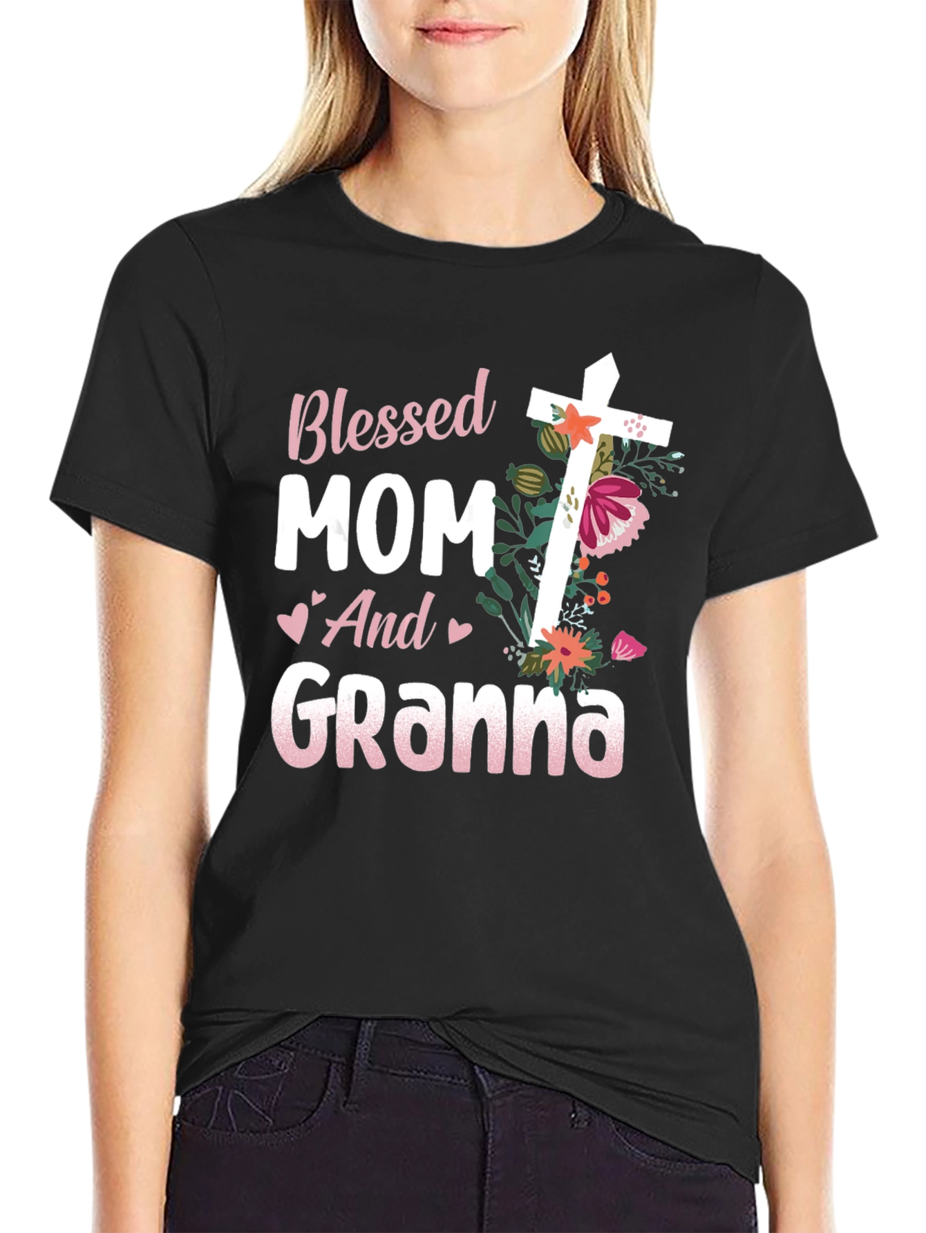 Blessed Mom and Granna Floral Cross T-Shirt