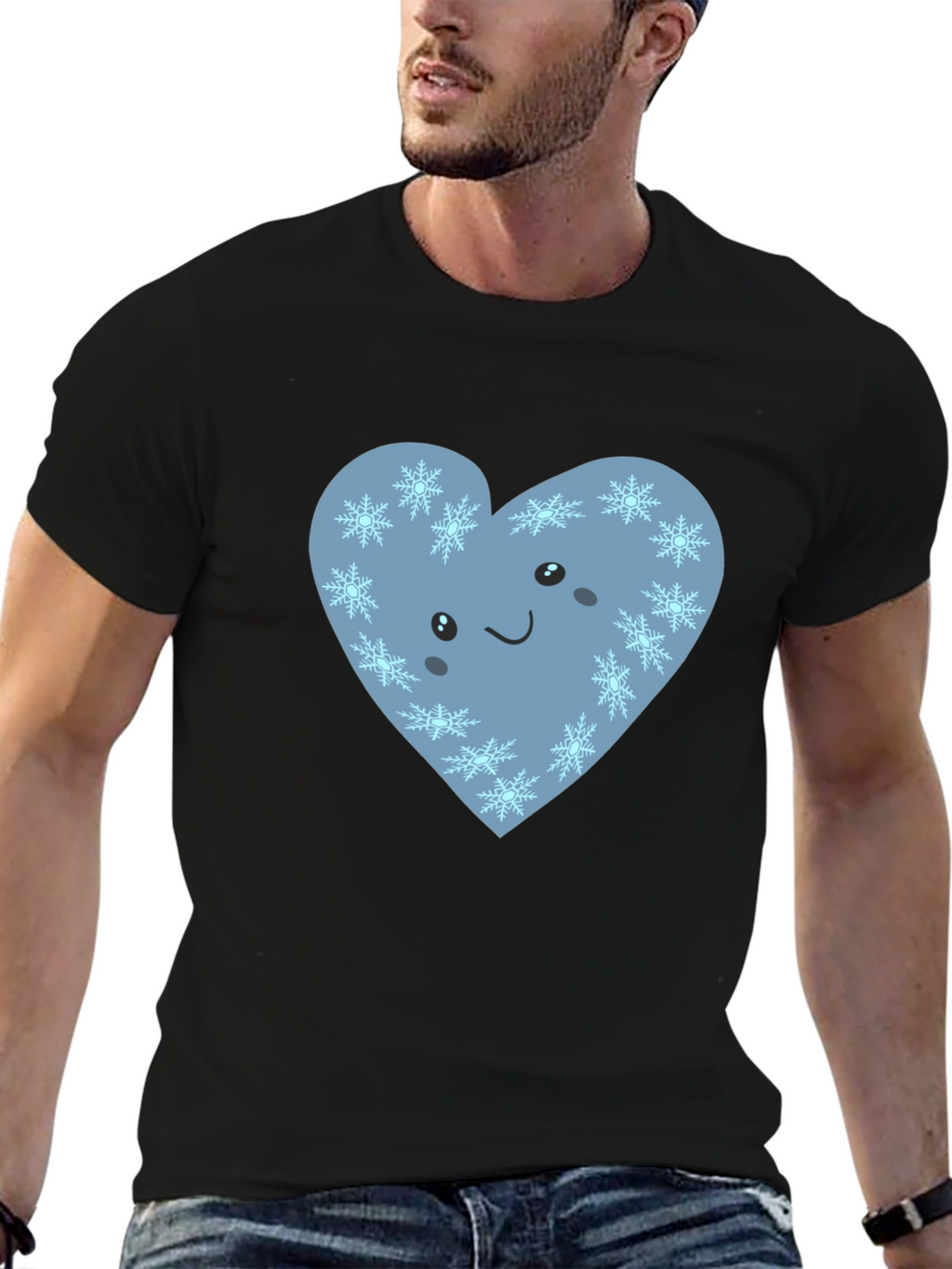 Cute Heart with Snowflakes Graphic Black T-Shirt