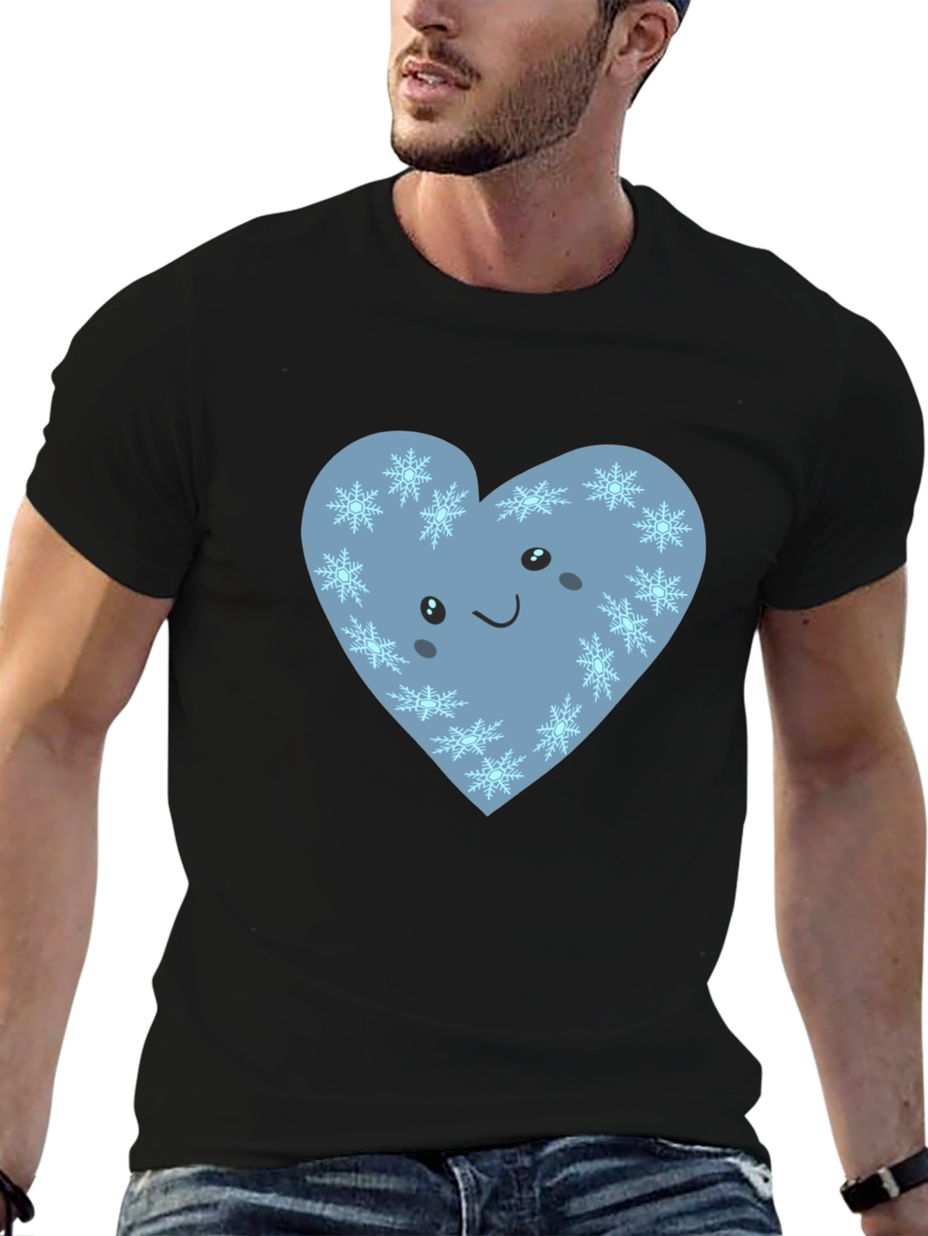 Cute Heart with Snowflakes Graphic Black T-Shirt